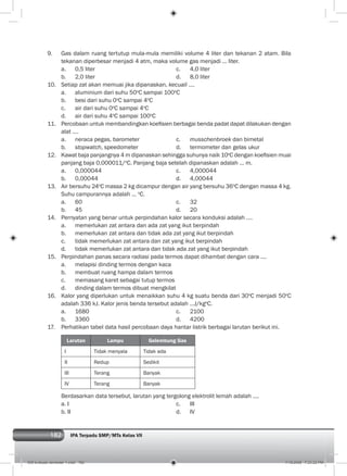 182 IPA Terpadu SMP/MTs Kelas VII
9. Gas dalam ruang tertutup mula-mula memiliki volume 4 liter dan tekanan 2 atam. Bila
tekanan diperbesar menjadi 4 atm, maka volume gas menjadi ... liter.
a. 0,5 liter c. 4,0 liter
b. 2,0 liter d. 8,0 liter
10. Setiap zat akan memuai jika dipanaskan, kecuali ....
a. aluminium dari suhu 50o
C sampai 100o
C
b. besi dari suhu 0o
C sampai 4o
C
c. air dari suhu 0o
C sampai 4o
C
d. air dari suhu 4o
C sampai 100o
C
11. Percobaan untuk membandingkan koeﬁsien berbagai benda padat dapat dilakukan dengan
alat ....
a. neraca pegas, barometer c. musschenbroek dan bimetal
b. stopwatch, speedometer d. termometer dan gelas ukur
12. Kawat baja panjangnya 4 m dipanaskan sehingga suhunya naik 10o
C dengan koeﬁsien muai
panjang baja 0,000011/o
C. Panjang baja setelah dipanaskan adalah ... m.
a. 0,000044 c. 4,000044
b. 0,00044 d. 4,00044
13. Air bersuhu 24o
C massa 2 kg dicampur dengan air yang bersuhu 36o
C dengan massa 4 kg.
Suhu campurannya adalah ... o
C.
a. 60 c. 32
b. 45 d. 20
14. Pernyatan yang benar untuk perpindahan kalor secara konduksi adalah ....
a. memerlukan zat antara dan ada zat yang ikut berpindah
b. memerlukan zat antara dan tidak ada zat yang ikut berpindah
c. tidak memerlukan zat antara dan zat yang ikut berpindah
d. tidak memerlukan zat antara dan tidak ada zat yang ikut berpindah
15. Perpindahan panas secara radiasi pada termos dapat dihambat dengan cara ....
a. melapisi dinding termos dengan kaca
b. membuat ruang hampa dalam termos
c. memasang karet sebagai tutup termos
d. dinding dalam termos dibuat mengkilat
16. Kalor yang diperlukan untuk menaikkan suhu 4 kg suatu benda dari 30o
C menjadi 50o
C
adalah 336 kJ. Kalor jenis benda tersebut adalah ...J/kgo
C.
a. 1680 c. 2100
b. 3360 d. 4200
17. Perhatikan tabel data hasil percobaan daya hantar listrik berbagai larutan berikut ini.
Larutan Lampu Gelembung Gas
I Tidak menyala Tidak ada
II Redup Sedikit
III Terang Banyak
IV Terang Banyak
Berdasarkan data tersebut, larutan yang tergolong elektrolit lemah adalah ....
a. I c. III
b. II d. IV
009 evaluasi semester 1.indd 182 7/18/2008 7:23:22 PM
 