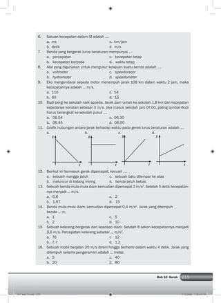 215Bab 10 Gerak 215
6. Satuan kecepatan dalam SI adalah ….
a. ms c. km/jam
b. detik d. m/s
7. Benda yang bergerak lurus beraturan mempunyai .…
a. percepatan c. kecepatan tetap
b. kecepatan berbeda d. waktu tetap
8. Alat yang digunakan untuk mengukur kelajuan suatu benda adalah ….
a. voltmeter c. speedoracer
b. hydrometer d. speedometer
9. Eko mengendarai sepeda motor menempuh jarak 108 km dalam waktu 2 jam, maka
kecepatannya adalah … m/s.
a. 110 c. 54
b. 60 d. 15
10. Budi pergi ke sekolah naik sepeda. Jarak dari rumah ke sekolah 1,8 km dan kecepatan
sepedanya konstan sebesar 3 m/s. Jika masuk sekolah jam 07.00, paling lambat Budi
harus berangkat ke sekolah pukul ….
a. 06.54 c. 06.30
b. 06.45 d. 06.50
11. Graﬁk hubungan antara jarak terhadap waktu pada gerak lurus beraturan adalah .…
a. b. c. d.
12. Berikut ini termasuk gerak dipercepat, kecuali ....
a. sebuah mangga jatuh c. sebuah batu dilempar ke atas
b. meluncur di bidang miring d. benda jatuh bebas
13. Sebuah benda mula-mula diam kemudian dipercepat 3 m/s2
. Setelah 5 detik kecepatan-
nya menjadi … m/s.
a. 0,6 c. 2
b. 1,67 d. 15
14. Benda mula-mula diam, kemudian dipercepat 0,4 m/s2
. Jarak yang ditempuh
benda ... m.
a. 1 c. 5
b. 2 d. 10
15. Sebuah kelereng bergerak dari keadaan diam. Setelah 8 sekon kecepatannya menjadi
9,6 m/s. Percepatan kelereng sebesar … m/s2
.
a. 76 c 12
b. 7,7 d. 1,2
16. Sebuah mobil berjalan 20 m/s direm hingga berhenti dalam waktu 4 detik. Jarak yang
ditempuh selama pengereman adalah … meter.
a. 5 c. 40
b. 20 d. 80
S S
tt
S
t
S
t
011 bab 10.indd 215 7/18/2008 7:30:44 PM
 