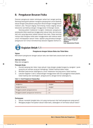13Bab 1 Besaran Fisika dan Pengukuran
B. Pengukuran Besaran Fisika
Peranan pengukuran dalam kehidupan sehari-hari sangat penting.
Seorang tukang jahit pakaian mengukur panjang kain untuk dipotong
sesuai dengan pola pakaian yang akan dibuat dengan menggunakan
meteran pita. Penjual daging menimbang massa daging sesuai
kebutuhan pembelinya dengan menggunakan timbangan duduk.
Seorang petani tradisional mungkin melakukan pengukuran
panjang dan lebar sawahnya menggunakan satuan bata, dan tentunya
alat ukur yang digunakan adalah sebuah batu bata. Tetapi seorang
insinyur sipil mengukur lebar jalan menggunakan alat meteran kelos
untuk mendapatkan satuan meter. Apakah yang dimaksud dengan
pengukuran itu? Untuk memahaminya lakukan kegiatan berikut ini.
Kegiatan Ilmiah 1.1
Pengukuran dengan Satuan Baku dan Tidak Baku
Tujuan
Memahami pengukuran dengan satuan baku dan tidak baku secara baik dan benar
Alat dan bahan
Meja dan penggaris
Petunjuk Kerja
1. Ukurlah panjang dan lebar meja sebuah meja dengan jengkal tanganmu (jengkal = jarak
ujung ibu jari sampai ujung jari kelingking). Tulislah hasilnya dalam tabel.
2. Mintalah pada teman sebangkumu untuk melakukan hal yang sama. Catat hasilnya.
3. Lakukan kegiatan 1 dan 2, tetapi dengan menggunakan alat ukur penggaris/mistar plastik.
Catat hasilnya dan bandingkan pengukuranmu dengan teman sebangkumu.
Tabel 1.4 Hasil Pengukuran Panjang Meja
Alat Ukur Panjang Meja
Jengkalmu … jengkal
Jengkal temanmu … jengkal
Penggaris plastik (pengukuranmu) … cm
Penggaris plastik (pengukuran temanmu) … cm
Pertanyaan
1. Satuan manakah (jengkal atau cm) yang mempunyai nilai hasil pengukuran yang sama?
2. Mengapa jengkal merupakan satuan tidak baku, sedangkan cm termasuk satuan baku?
Gambar 1.11 Daging Sapi
Dijual dengan Harga per
Kilogram
Foto: Dokumentasi Penulis
002 bab 1.indd 13 7/18/2008 7:04:27 PM
 