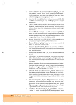 232 IPA Terpadu SMP/MTs Kelas VII
c. Asam sulfat teknis (Sulphuric acid, technical) H2
SO4
. Zat cair
tak berwarna, bersifat racun, sangat korosif jika terkena kulit,
menimbulkan luka yang parah, dan dapat merusak kain. Asam
sulfat teknis digunakan sebagai asam kuat.
d. Asam klorida pekat (Hidrochloric acid, concentrated) HCl. Zat
cair tidak berwarna dengan sifat dan fungsinya sama dengan
asam sulfat.
e. Etanol C2
H5
OH biasanya disebut alkohol berupa zat cair tidak
berwarna, mudah menguap dan terbakar, jika diminum mema-
bukkan. Etanol digunakan sebagai pelarut, dapat juga sebagai
desinfektan.
f. Formalin 40% (Formalin). Larutan 40% formaldehida (HCHO) di
dalam air, tidak berwarna, mudah menguap, beracun, berfungsi
sebagai pencegah hama atau bahan pengawet, misalnya untuk
mengawetkan hewan-hewan kecil dalam botol.
g. Gliserol (Gliserol) CH2
OH.CHOH.CH2
OH disebut juga gliserin,
berupa cairan agak kental mudah larut dalam air.
h. Glukosa (Glucose) C6
H12
O6
. Kristal tak berwarna, mudah larut
dalam air, termasuk monosakarida.
i. Kloroform (Cloroform) CHCl2
. Zat cair tak berwarna, bersifat ra-
cun, uapnya dapat menganggu pernapasan, digunakan sebagai
obat bius dan pelarut.
j. Metilen blue (Methylene blue) C66
H18
N3
SCl zat padat berbentuk
serbuk.
k. Eosin (Eosin). Zat padat larut dalam air atau alkohol digunakan
dalam Biologi sebagai pewarna jaringan sehingga mudah dia-
mati, misalnya dalam pengamatan tranportasi air oleh jaringan
tumbuhan.
l. Natrium hidroksida teknis (Sodium Hydroxide, technical) NaOH.
Zat padat berupa kristal putih sangat mudah menyerap uap air
dan udara sehingga mudah mencair, bersifat racun dan korosif,
jika terkena kulit menyebabkan luka bakar.
m. Kobalt (II) klorida (Cobalt (II) Clorida) C0
CI2
6H2
O. Zat padat ber-
bentuk kristal merah, sangat mudah menyerap air dan udara,
dalam keadaan kering berwarna biru, dan digunakan untuk
menguji kelembaban udara atau menguji kadar air dalam suatu
benda.
n. Yodium kristal (Iodine, Crystal). Zat padat berwarna abu-abu,
kehitaman, mudah menyublim dengan uap berwarna ungu,
dan korosif. Berbahaya jika tertelan atau terkena kulit. Yodium
digunakan segai reagen dalam uji Amilum seperti halnya Lugol.
Lugol adalah larutan yodium dalam kalium yodida.
o. Fenolftalin (Fenolftalein) C2
OH14
O4,
padat tidak berwarna.
Larutan 1% dalam alkohol digunakan sebagai indikator asam
012 bab 11.indd 232 7/18/2008 7:37:08 PM
 