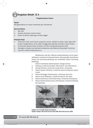264 IPA Terpadu SMP/MTs Kelas VII264
Kegiatan Ilmiah 12.4
Pengelompokan Hewan
Tujuan
Mengidentiﬁkasi ciri hewan Vertebrata dan Avertebrata
Alat dan Bahan
1. Alat tulis
2. Gambar beraneka macam hewan
3. Hewan di sekitar lingkungan tempat tinggal
Petunjuk Kerja
1. Coba kamu data nama hewan yang kamu kenal, catatlah ke dalam tabel. Agar lebih
mudah mengamatinya, kamu dapat menggunakan gambar beraneka macam hewan.
2. Tentukanlah apakah hewan tersebut memiliki tulang belakang atau tidak.
3. Golongkan menjadi dua kelompok berdasarkan ada tidaknya tulang dalam tubuhnya.
4. Laporkan hasilnya kepada gurumu.
Berdasarkan ada dan tidaknya tulang belakang, dunia hewan
dibedakan menjadi dua kelompok besar, yaitu golongan Avertebrata
(hewan tak bertulang belakang) dan Vertebrata (hewan bertulang
belakang).
Hewan Avertebrata dikelompokkan sebagai berikut.
1. Protozoa, contohnya Amoeba, Plasmodium, dan Paramecium.
2. Cacing (Vermes), contohnya cacing tanah, cacing pita.
3. Hewan berpori (Porifera), contohnya spons karang dan spons
merah.
4. Hewan berongga (Coelenterata), contohnya ubur-ubur.
5. Hewan lunak (Molusca), contohnya bekicot, dan siput.
6. Hewan berkulit duri (Echinodermata), contohnya bintang laut.
7. Hewan berkaki berbuku-buku (Arthropoda), contohnya belalang
dan laba-laba.
Gambar 12.21 Contoh Hewan Avertebrata
Sumber Gambar: Microsoft Encarta Kids 2008, Microsoft Encarta 2006
013 bab 12.indd 264 7/18/2008 7:42:32 PM
 