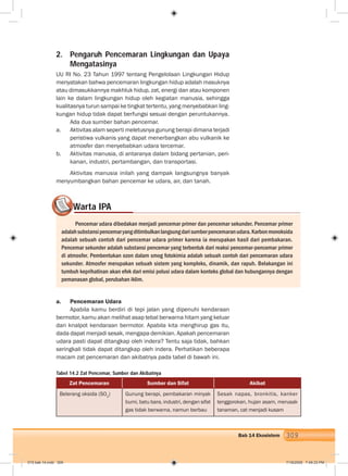 309Bab 14 Ekosistem
2. Pengaruh Pencemaran Lingkungan dan Upaya
Mengatasinya
UU RI No. 23 Tahun 1997 tentang Pengelolaan Lingkungan Hidup
menyatakan bahwa pencemaran lingkungan hidup adalah masuknya
atau dimasukkannya makhluk hidup, zat, energi dan atau komponen
lain ke dalam lingkungan hidup oleh kegiatan manusia, sehingga
kualitasnya turun sampai ke tingkat tertentu, yang menyebabkan ling-
kungan hidup tidak dapat berfungsi sesuai dengan peruntukannya.
Ada dua sumber bahan pencemar.
a. Aktivitas alam seperti meletusnya gunung berapi dimana terjadi
peristiwa vulkanis yang dapat menerbangkan abu vulkanik ke
atmosfer dan menyebabkan udara tercemar.
b. Aktivitas manusia, di antaranya dalam bidang pertanian, peri-
kanan, industri, pertambangan, dan transportasi.
Aktivitas manusia inilah yang dampak langsungnya banyak
menyumbangkan bahan pencemar ke udara, air, dan tanah.
Warta IPA
Pencemar udara dibedakan menjadi pencemar primer dan pencemar sekunder. Pencemar primer
adalahsubstansipencemaryangditimbulkanlangsungdarisumberpencemaranudara.Karbonmonoksida
adalah sebuah contoh dari pencemar udara primer karena ia merupakan hasil dari pembakaran.
Pencemar sekunder adalah substansi pencemar yang terbentuk dari reaksi pencemar-pencemar primer
di atmosfer. Pembentukan ozon dalam smog fotokimia adalah sebuah contoh dari pencemaran udara
sekunder. Atmosfer merupakan sebuah sistem yang kompleks, dinamik, dan rapuh. Belakangan ini
tumbuh keprihatinan akan efek dari emisi polusi udara dalam konteks global dan hubungannya dengan
pemanasan global, perubahan iklim.
WW
a. Pencemaran Udara
Apabila kamu berdiri di tepi jalan yang dipenuhi kendaraan
bermotor, kamu akan melihat asap tebal berwarna hitam yang keluar
dari knalpot kendaraan bermotor. Apabila kita menghirup gas itu,
dada dapat menjadi sesak, mengapa demikian. Apakah pencemaran
udara pasti dapat ditangkap oleh indera? Tentu saja tidak, bahkan
seringkali tidak dapat ditangkap oleh indera. Perhatikan beberapa
macam zat pencemaran dan akibatnya pada tabel di bawah ini.
Tabel 14.2 Zat Pencemar, Sumber dan Akibatnya
Zat Pencemaran Sumber dan Sifat Akibat
Belerang oksida (SO2
) Gunung berapi, pembakaran minyak
bumi, batu bara, industri, dengan sifat
gas tidak berwarna, namun berbau
Sesak napas, bronkitis, kanker
tenggorokan, hujan asam, merusak
tanaman, cat menjadi kusam
015 bab 14.indd 309 7/18/2008 7:49:33 PM
 