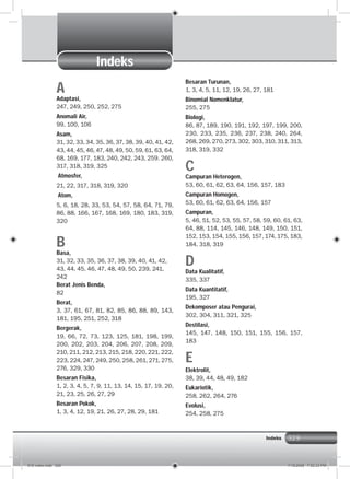 329
Indeks
A
Adaptasi,
247, 249, 250, 252, 275
Anomali Air,
99, 100, 106
Asam,
31, 32, 33, 34, 35, 36, 37, 38, 39, 40, 41, 42,
43, 44, 45, 46, 47, 48, 49, 50, 59, 61, 63, 64,
68, 169, 177, 183, 240, 242, 243, 259. 260,
317, 318, 319, 325
Atmosfer,
21, 22, 317, 318, 319, 320
Atom,
5, 6, 18, 28, 33, 53, 54, 57, 58, 64, 71, 79,
86, 88, 166, 167, 168, 169, 180, 183, 319,
320
B
Basa,
31, 32, 33, 35, 36, 37, 38, 39, 40, 41, 42,
43, 44, 45, 46, 47, 48, 49, 50, 239, 241,
242
Berat Jenis Benda,
82
Berat,
3, 37, 61, 67, 81, 82, 85, 86, 88, 89, 143,
181, 195, 251, 252, 318
Bergerak,
19, 66, 72, 73, 123, 125, 181, 198, 199,
200, 202, 203, 204, 206, 207, 208, 209,
210, 211, 212, 213, 215, 218, 220, 221, 222,
223, 224, 247, 249, 250, 258, 261, 271, 275,
276, 329, 330
Besaran Fisika,
1, 2, 3, 4, 5, 7, 9, 11, 13, 14, 15, 17, 19, 20,
21, 23, 25, 26, 27, 29
Besaran Pokok,
1, 3, 4, 12, 19, 21, 26, 27, 28, 29, 181
Besaran Turunan,
1, 3, 4, 5, 11, 12, 19, 26, 27, 181
Binomial Nomenklatur,
255, 275
Biologi,
86, 87, 189, 190, 191, 192, 197, 199, 200,
230, 233, 235, 236, 237, 238, 240, 264,
268, 269, 270, 273, 302, 303, 310, 311, 313,
318, 319, 332
C
Campuran Heterogen,
53, 60, 61, 62, 63, 64, 156, 157, 183
Campuran Homogen,
53, 60, 61, 62, 63, 64, 156, 157
Campuran,
5, 46, 51, 52, 53, 55, 57, 58, 59, 60, 61, 63,
64, 88, 114, 145, 146, 148, 149, 150, 151,
152, 153, 154, 155, 156, 157, 174, 175, 183,
184, 318, 319
D
Data Kualitatif,
335, 337
Data Kuantitatif,
195, 327
Dekomposer atau Pengurai,
302, 304, 311, 321, 325
Destilasi,
145, 147, 148, 150, 151, 155, 156, 157,
183
E
Elektrolit,
38, 39, 44, 48, 49, 182
Eukariotik,
258, 262, 264, 276
Evolusi,
254, 258, 275
Indeks
016 index.indd 329 7/18/2008 7:52:33 PM
 