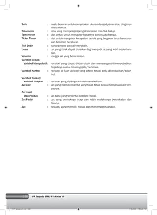 338 IPA Terpadu SMP/MTs Kelas VII
Suhu : suatu besaran untuk menyatakan ukuran derajad panas atau dinginnya
suatu benda.
Taksonomi : ilmu yang mempelajari pengelompokan makhluk hidup.
Temometer : alat untuk untuk mengukur besarnya suhu suatu benda.
Ticker Timer : alat untuk mengukur kecepatan benda yang bergerak lurus beraturan
dan berubah beraturan.
Titik Didih : suhu dimana zat cair mendidih.
Unsur : zat yang tidak dapat diuraikan lagi menjadi zat yang lebih sederhana
lagi.
Vakuola : rongga sel yang berisi cairan.
Variabel Bebas/
Variabel Manipulatif : variabel yang dapat diubah-ubah dan mempengaruhi/menyebabkan
terjadinya suatu proses/gejala/peristiwa.
Variabel Kontrol : variabel di luar variabel yang diteliti tetapi perlu dikendalikan/dikon-
trol.
Variabel Terikat/
Variabel Respon : variabel yang dipengaruhi oleh variabel lain.
Zat Cair : zat yang memiliki bentuk yang tidak tetap selalu menyesuaikan tem-
patnya.
Zat Hasil
atau Produk : zat baru yang terbentuk setelah reaksi.
Zat Padat : zat yang bentuknya tetap dan letak molekulnya berdekatan dan
teratur.
Zat : sesuatu yang memiliki massa dan menempati ruangan.
017 glosarium.indd 338 7/18/2008 7:53:25 PM
 