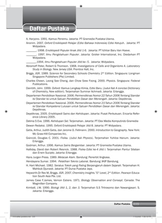 339Daftar Pustaka
Daftar Pustaka
A. Haryono. 1991. Kamus Penemu. Jakarta: PT Gramedia Pustaka Utama.
Anonim. 2007. Oxford Ensiklopedi Pelajar (Edisi Bahasa Indonesia) Edisi Ketujuh. Jakarta: PT
Widyadara.
_______, 1998. Ensiklopedi Populer Anak Jilid 1-6. Jakarta: PT Ichtiar Baru Van Hoeve.
_______. 1997. Ilmu Pengetahuan Populer. Jakarta: Grolier International, Inc. Diedarkan PT
Widyadara.
_______.1994. Ilmu Pengetahuan Populer Jilid ke–5. Jakarta: Widyadara.
Abramoff Peter, Robert G Thomson. 1968. Investigations of Cells and Organisms A. Laboratory
Study in Biology. New Jersey USA: Prentice Hall, Inc.
Briggs, JGR. 1989. Science for Secondary Schools Chemistry 2nd
Edition. Singapura: Longman
Singapore Publishers (Pte) Limited.
Charles Chewn, Leong See Cheng, dan Chow Siew Foong. 2000. Physics. Singapura: Federal
Publications.
Daintith, John. 1999. Oxford: Kamus Lengkap Kimia, Edisi Baru. (Judul Asli A concise Dictionary
of Chemistry, New edition). Terjemahan Suminar Achmadi. Jakarta: Erlangga.
Departemen Pendidikan Nasional. 2006. Permendiknas Nomor 22 Tahun 2006 Tentang Standar
Isi Standar Isi untuk Satuan Pendidikan Dasar dan Menengah. Jakarta: Depdiknas.
Departemen Pendidikan Nasional. 2006. Permendiknas Nomor 23 Tahun 2006 Tentang Standar
isi Standar Kompetensi Lulusan untuk Satuan Pendidikan Dasar dan Menengah. Jakarta:
Depdiknas.
Depdiknas. 2005. Ensiklopedi Sains dan Kehidupan. Jakarta: Pusat Perbukuan. Encarta Refer-
ence Library 2005.
Delima S Eva. 1996. Kehidupan Sel. Terjemahan. Jakarta: PT Elex Media Komputindo Gramedia
Dewan Redaksi. 1995. Oxford Ensiklopedi Pelajar Jilid 8. Jakarta: PT Widyadara.
Getis, Arthur, Judith Getis, dan Jerome D. Fellmann. 2000. Introduction to Geography. New York:
Mc Graw-Hill Companies Inc.
Giancoli, Douglas C. 2001. Fisika. (Judul Asli Physics). Terjemahan Yuhilza Hanum. Jakarta:
Erlangga.
Godman, Arthur. 1996. Kamus Sains Bergambar. Jakarta: PT Gramedia Pustaka Utama.
Halliday, David dan Robert Resnick. 1988. Fisika Edisi ke-4 Jilid I. Terjemahan Pantur Silaban
dan Erwin Sucipto. Jakarta: Erlangga.
Hans Jurgen Press. 1989. Melacak Alam. Bandung: Penerbit Angkasa.
Hendayana Sumar. 1994. Pelatihan Teknis Laborat. Bandung: IKIP Bandung.
H. Hart Michael. 1982. Seratus Tokoh yang Paling Berpengaruh dalam Sejarah. Terjemahan H.
Mahbub Djunaidi. Jakarta: PT Dunia Pustaka Jaya.
Heyworth.Dr Rex M, Briggs. JGR. 2007. Chemistry Insights.”O” Level, 2nd
Edition. Pearson Educa-
tion South Asia Pte. Ltd.
James Case F.James, Vernon Estiers. 1971. Biology Observation and Consept. Canada: The
Magmillan Company.
Kimball, J.W. 1990. Biologi Jilid 1, 2, dan 3. Terjemahan S.S Tritrosomo dan Nawangasari. S.
Jakarta: Erlangga.
018 daftar pustaka.indd 339 7/18/2008 7:58:18 PM
 