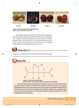35Bab 2 Asam, Basa, dan Garam
Berdasarkan asalnya, asam dikelompokkan dalam 2 golongan,
yaitu asam organik dan asam anorganik. Tahukah kamu apa bedanya?
Asam organik umumnya bersifat asam lemah, korosif, dan banyak
terdapat di alam. Asam anorganik umumnya bersifat asam kuat dan
korosif. Karena sifat-sifatnya itulah, maka asam-asam anorganik
banyak digunakan di berbagai kebutuhan manusia.
Gambar 2.3 Beberapa Buah yang Mengandung Asam
Sumber Gambar: Dokumentasi Penerbit
Asamsitratmerupakanasamorganiklemahyangditemukanpadadaundanbuahtumbuhangenus
Citrus (jeruk-jerukan). Senyawa ini merupakan bahan pengawet yang baik dan alami, selain digunakan
sebagaipenambahrasamasampadamakanandanminumanringan.Asamsitratdikenalsebagaisenyawa
antaradalamsiklusasamsitrat.Asaminipentingdalammetabolismemakhlukhidup,sehinggaditemukan
pada hampir semua makhluk hidup. Zat ini juga dapat digunakan sebagai zat pembersih yang ramah
lingkungan dan sebagai antioksidan.
Diskusikan 2.1
Mengapa susu yang basi lebih bersifat asam dibanding susu segar?
Warta IPAWW
O H
H
H
H
OH
HO
OH
O
OHO
(a) Jeruk (b) Anggur (c) Apel (d) Tomat
Gambar 2.4 Struktur Kimia Asam Sitrat
Sumber Gambar: http://www.id.wikipedia.org/wiki/asam.sitrat (2008)
003 bab 2.indd 35 7/18/2008 7:08:46 PM
 