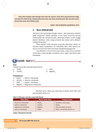 36 IPA Terpadu SMP/MTs Kelas VII
2. Basa (Hidroksida)
Jika kamu mencuci tangan dengan sabun, apa yang kamu rasakan
pada tanganmu? Dalam keadaan murni, basa umumnya berupa
kristal padat dan bersifat kaustik. Beberapa produk rumah tangga
seperti deodoran, obat maag (antacid) dan sabun serta deterjen
mengandung basa.
Basa adalah suatu senyawa yang jika dilarutkan dalam air
(larutan) dapat melepaskan ion hidroksida (OH-
). Oleh karena itu,
semua rumus kimia basa umumnya mengandung gugus OH.
Jika diketahui rumus kimia suatu basa, maka untuk memberi
nama basa, cukup dengan menyebut nama logam dan diikuti kata
hidroksida.
Asam sitrat terdapat pada berbagai jenis buah dan sayuran. Asam sitrat yang konsentrasi tinggi,
mencapai 8% bobot kering, terdapat pada jeruk lemon dan limau (misalnya jeruk nipis dan jeruk purut).
Rumus kimia asam sitrat adalah C6
H8
O7
.
Sumber: http://id.wikipedia.org/wiki/Asam_sitrat
Contoh Soal 2.1
Soal
Tulislah nama dari senyawa basa berikut!
a. NaOH c. KOH
b. Ca(OH)2
d. Mg(OH)2
Pembahasan
a. NaOH = Natrium hidroksida
b. Ca(OH)2
= Kalsium hidroksida
c. KOH = Kalium hidroksida
d. Mg(OH)2
= Magnesium hidroksida
Tahukah kamu, basa apa yang ada di sekitar kita? Mari kita
cermati tabel berikut ini.
Tabel 2.2 Beberapa Jenis Basa yang Telah Dikenal
Nama Basa Rumus Kimia Basa Terdapat dalam
Aluminium hidroksida
Kalsium hidroksida
Magnesium hidroksida
Natrium hidroksida
Al(OH)3
Ca(OH)2
Mg(OH)2
NaOH
Deodoran, obat maag
Plester
Obat pencahar (antacid)
Sabun, pembersih saluran air
Sumber: Dokumentasi Penerbit
003 bab 2.indd 36 7/18/2008 7:08:46 PM
 