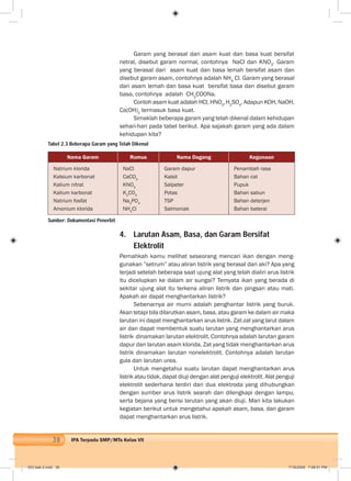 38 IPA Terpadu SMP/MTs Kelas VII
Garam yang berasal dari asam kuat dan basa kuat bersifat
netral, disebut garam normal, contohnya NaCl dan KNO3
. Garam
yang berasal dari asam kuat dan basa lemah bersifat asam dan
disebut garam asam, contohnya adalah NH4
Cl. Garam yang berasal
dari asam lemah dan basa kuat bersifat basa dan disebut garam
basa, contohnya adalah CH3
COONa.
Contoh asam kuat adalah HCl, HNO3
,H2
SO4
. Adapun KOH, NaOH,
Ca(OH)2
termasuk basa kuat.
Simaklah beberapa garam yang telah dikenal dalam kehidupan
sehari-hari pada tabel berikut. Apa sajakah garam yang ada dalam
kehidupan kita?
4. Larutan Asam, Basa, dan Garam Bersifat
Elektrolit
Pernahkah kamu melihat seseorang mencari ikan dengan meng-
gunakan ”setrum” atau aliran listrik yang berasal dari aki? Apa yang
terjadi setelah beberapa saat ujung alat yang telah dialiri arus listrik
itu dicelupkan ke dalam air sungai? Ternyata ikan yang berada di
sekitar ujung alat itu terkena aliran listrik dan pingsan atau mati.
Apakah air dapat menghantarkan listrik?
Sebenarnya air murni adalah penghantar listrik yang buruk.
Akan tetapi bila dilarutkan asam, basa, atau garam ke dalam air maka
larutan ini dapat menghantarkan arus listrik. Zat-zat yang larut dalam
air dan dapat membentuk suatu larutan yang menghantarkan arus
listrik dinamakan larutan elektrolit. Contohnya adalah larutan garam
dapur dan larutan asam klorida. Zat yang tidak menghantarkan arus
listrik dinamakan larutan nonelektrolit. Contohnya adalah larutan
gula dan larutan urea.
Untuk mengetahui suatu larutan dapat menghantarkan arus
listrik atau tidak, dapat diuji dengan alat penguji elektrolit. Alat penguji
elektrolit sederhana terdiri dari dua elektroda yang dihubungkan
dengan sumber arus listrik searah dan dilengkapi dengan lampu,
serta bejana yang berisi larutan yang akan diuji. Mari kita lakukan
kegiatan berikut untuk mengetahui apakah asam, basa, dan garam
dapat menghantarkan arus listrik.
Tabel 2.3 Beberapa Garam yang Telah Dikenal
Nama Garam Rumus Nama Dagang Kegunaan
Natrium klorida
Kalsium karbonat
Kalium nitrat
Kalium karbonat
Natrium fosfat
Amonium klorida
NaCl
CaCO3
KNO3
K2
CO3
Na3
PO4
NH4
Cl
Garam dapur
Kalsit
Salpeter
Potas
TSP
Salmoniak
Penambah rasa
Bahan cat
Pupuk
Bahan sabun
Bahan deterjen
Bahan baterai
Sumber: Dokumentasi Penerbit
003 bab 2.indd 38 7/18/2008 7:08:51 PM
 