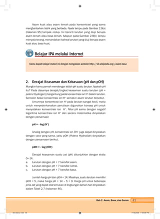 45Bab 2 Asam, Basa, dan Garam
Asam kuat atau asam lemah pada konsentrasi yang sama
menghantarkan listrik yang berbeda. Nyala lampu pada Gambar 2.9(a)
(halaman 95) tampak redup. Ini berarti larutan yang diuji berupa
asam lemah atau basa lemah. Adapun pada Gambar 2.9(b) lampu
menyala terang, menandakan bahwa larutan yang diuji berupa asam
kuat atau basa kuat.
Belajar IPA melalui Internet
Kamu dapat belajar materi ini dengan mengakses website http://id.wikipedia.org./asam basa
2. Derajat Keasaman dan Kebasaan (pH dan pOH)
Mungkin kamu pernah mendengar istilah pH suatu larutan. Apakah pH
itu? Pada dasarnya derajat/tingkat keasaman suatu larutan (pH =
potenz Hydrogen)) bergantung pada konsentrasi ion H+
dalam larutan.
Semakin besar konsentrasi ion H+
semakin asam larutan tersebut.
Umumnya konsentrasi ion H+
pada larutan sangat kecil, maka
untuk menyederhanakan penulisan digunakan konsep pH untuk
menyatakan konsentrasi ion H+
. Nilai pH sama dengan negatif
logaritma konsentrasi ion H+
dan secara matematika dinyatakan
dengan persamaan
pH = - log (H+
)
Analog dengan pH, konsentrasi ion OH–
juga dapat dinyatakan
dengan cara yang sama, yaitu pOH (Potenz Hydroxide) dinyatakan
dengan persamaan berikut.
pOH = - log (OH-)
Derajat keasaman suatu zat (pH) ditunjukkan dengan skala
0—14.
a. Larutan dengan pH < 7 bersifat asam.
b. Larutan dengan pH = 7 bersifat netral.
c. Larutan dengan pH > 7 bersifat basa.
Jumlah harga pH dan pOH = 14. Misalnya, suatu larutan memiliki
pOH = 5, maka harga pH = 14 – 5 = 9. Harga pH untuk beberapa
jenis zat yang dapat kita temukan di lingkungan sehari-hari dinyatakan
dalam Tabel 2.7 (halaman 46).
003 bab 2.indd 45 7/18/2008 7:09:08 PM
 