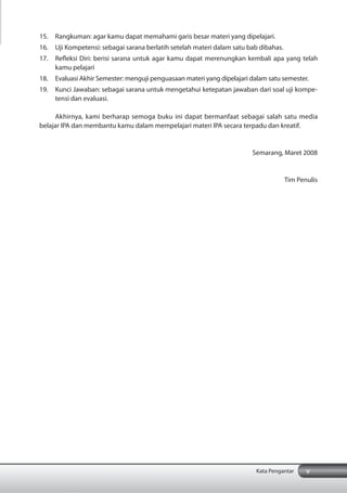 vKata Pengantar
15. Rangkuman: agar kamu dapat memahami garis besar materi yang dipelajari.
16. Uji Kompetensi: sebagai sarana berlatih setelah materi dalam satu bab dibahas.
17. Refleksi Diri: berisi sarana untuk agar kamu dapat merenungkan kembali apa yang telah
kamu pelajari
18. Evaluasi Akhir Semester: menguji penguasaan materi yang dipelajari dalam satu semester.
19. Kunci Jawaban: sebagai sarana untuk mengetahui ketepatan jawaban dari soal uji kompe-
tensi dan evaluasi.
Akhirnya, kami berharap semoga buku ini dapat bermanfaat sebagai salah satu media
belajar IPA dan membantu kamu dalam mempelajari materi IPA secara terpadu dan kreatif.
Semarang, Maret 2008
Tim Penulis
 