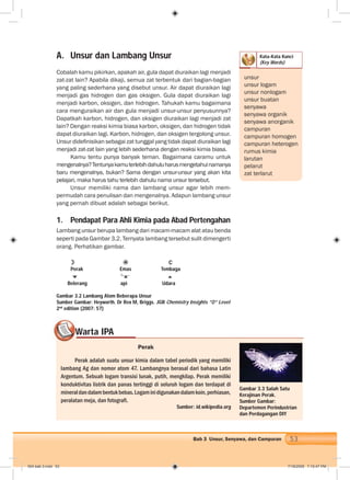 53Bab 3 Unsur, Senyawa, dan Campuran
Kata-Kata Kunci
(Key Words)
A. Unsur dan Lambang Unsur
Cobalah kamu pikirkan, apakah air, gula dapat diuraikan lagi menjadi
zat-zat lain? Apabila dikaji, semua zat terbentuk dari bagian-bagian
yang paling sederhana yang disebut unsur. Air dapat diuraikan lagi
menjadi gas hidrogen dan gas oksigen. Gula dapat diuraikan lagi
menjadi karbon, oksigen, dan hidrogen. Tahukah kamu bagaimana
cara menguraikan air dan gula menjadi unsur-unsur penyusunnya?
Dapatkah karbon, hidrogen, dan oksigen diuraikan lagi menjadi zat
lain? Dengan reaksi kimia biasa karbon, oksigen, dan hidrogen tidak
dapat diuraikan lagi. Karbon, hidrogen, dan oksigen tergolong unsur.
Unsur dideﬁnisikan sebagai zat tunggal yang tidak dapat diuraikan lagi
menjadi zat-zat lain yang lebih sederhana dengan reaksi kimia biasa.
Kamu tentu punya banyak teman. Bagaimana caramu untuk
mengenalnya?Tentunyakamuterlebihdahuluharusmengetahuinamanya
baru mengenalnya, bukan? Sama dengan unsur-unsur yang akan kita
pelajari, maka harus tahu terlebih dahulu nama unsur tersebut.
Unsur memiliki nama dan lambang unsur agar lebih mem-
permudah cara penulisan dan mengenalnya. Adapun lambang unsur
yang pernah dibuat adalah sebagai berikut.
1. Pendapat Para Ahli Kimia pada Abad Pertengahan
Lambang unsur berupa lambang dari macam-macam alat atau benda
seperti pada Gambar 3.2. Ternyata lambang tersebut sulit dimengerti
orang. Perhatikan gambar.
C
Perak Emas Tembaga
Belerang api Udara
Gambar 3.2 Lambang Atom Beberapa Unsur
Sumber Gambar: Heyworth. Dr Rex M, Briggs. JGR Chemistry Insights ”O” Level
2nd
edition (2007: 57)
unsur
unsur logam
unsur nonlogam
unsur buatan
senyawa
senyawa organik
senyawa anorganik
campuran
campuran homogen
campuran heterogen
rumus kimia
larutan
pelarut
zat terlarut
Warta IPAWW
Perak
Perak adalah suatu unsur kimia dalam tabel periodik yang memiliki
lambang Ag dan nomor atom 47. Lambangnya berasal dari bahasa Latin
Argentum. Sebuah logam transisi lunak, putih, mengkilap. Perak memiliki
konduktivitas listrik dan panas tertinggi di seluruh logam dan terdapat di
mineraldandalambentukbebas.Logaminidigunakandalamkoin,perhiasan,
peralatan meja, dan fotograﬁ.
Sumber: id.wikipedia.org
Gambar 3.3 Salah Satu
Kerajinan Perak.
Sumber Gambar:
Departemen Perindustrian
dan Perdagangan DIY
004 bab 3.indd 53 7/18/2008 7:10:47 PM
 