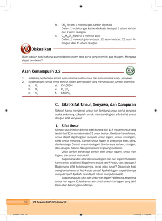 58 IPA Terpadu SMP/MTs Kelas VII
b. CO2
berarti 1 molekul gas karbon dioksida
Dalam 1 molekul gas karbondioksida terdapat 1 atom karbon
dan 2 atom oksigen.
c. C12
H22
O11
berarti 1 molekul gula
Dalam 1 molekul gula terdapat 12 atom karbon, 22 atom hi-
drogen, dan 11 atom oksigen.
Diskusikan
Bumi adalah satu-satunya planet dalam sistem tata surya yang memiliki gas oksigen. Mengapa
dapat demikian?
1. Jelaskan perbedaan antara rumus kimia suatu unsur dan rumus kimia suatu senyawa!
2. Nyatakanlah rumus kimia berikut dalam pernyataan yang menyebutkan jumlah atomnya:
a. N2
d. CH3
COOH
b. Cl2
e. C4
H6
O6
c. H2
f. Ca(OH)2
C. Sifat-Sifat Unsur, Senyawa, dan Campuran
Setelah kamu mengenal unsur dan lambang unsur serta senyawa
maka sekarang cobalah untuk membandingkan sifat-sifat unsur
dengan sifat senyawa!
1. Sifat Unsur
Sampai saat ini telah dikenal tidak kurang dari 114 macam unsur yang
terdiri dari 92 unsur alam dan 22 unsur buatan. Berdasarkan sifatnya,
unsur dapat digolongkan menjadi unsur logam, unsur nonlogam,
serta unsur metaloid. Contoh unsur logam di antaranya besi, seng,
dan tembaga. Contoh unsur nonlogam di antaranya karbon, nitrogen,
dan oksigen. Silikon dan germanium tergolong metaloid.
Coba carilah beberapa contoh dari unsur logam, unsur non
logam, dan unsur metaloid!
Bagaimana sifat-sifat dari unsur logam dan non logam? Cobalah
kamu amati sifat besi! Bagaimana wujud besi? Padat, cair, atau gas?
Bagaimana sifat kekerasannya, keras atau lunak? Dapatkah besi
menghantarkan arus listrik atau panas? Apakah logam dapat ditempa
menjadi tipis? Apakah besi dapat dibuat menjadi kawat?
Bagaimana pula sifat dari unsur non logam? Belerang, tergolong
unsur non logam. Coba kamu cari contoh unsur non logam yang lain!
Kemudian bandingkan sifatnya.
Asah Kemampuan 3.2
004 bab 3.indd 58 7/18/2008 7:10:50 PM
 