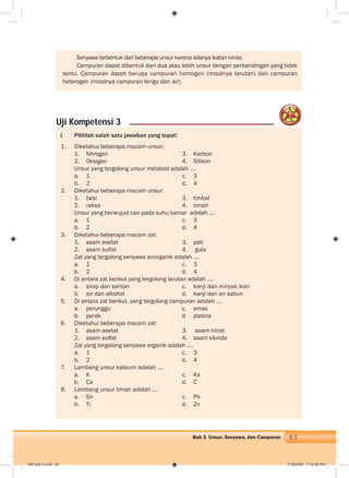 63Bab 3 Unsur, Senyawa, dan Campuran
I. Pilihlah salah satu jawaban yang tepat!
1. Diketahui beberapa macam unsur:
1. Nitrogen 3. Karbon
2. Oksigen 4. Silikon
Unsur yang tergolong unsur metaloid adalah ....
a. 1 c. 3
b. 2 d. 4
2. Diketahui beberapa macam unsur:
1. besi 3. timbal
2. raksa 4. timah
Unsur yang berwujud cair pada suhu kamar adalah ....
a. 1 c. 3
b. 2 d. 4
3. Diketahui beberapa macam zat:
1. asam asetat 3. pati
2. asam sulfat 4. gula
Zat yang tergolong senyawa anorganik adalah ....
a. 1 c. 3
b. 2 d. 4
4. Di antara zat berikut yang tergolong larutan adalah ....
a. sirop dan santan c. kanji dan minyak ikan
b. air dan alkohol d. kanji dan air sabun
5. Di antara zat berikut, yang tergolong campuran adalah ....
a. perunggu c. emas
b. perak d platina
6. Diketahui beberapa macam zat:
1. asam asetat 3. asam nitrat
2. asam sulfat 4. asam klorida
Zat yang tergolong senyawa organik adalah ....
a. 1 c. 3
b. 2 d. 4
7. Lambang unsur kalsium adalah ....
a. K c. Ks
b. Ca d. C
8. Lambang unsur timah adalah ....
a. Sn c. Pb
b. Ti d. Zn
Uji Kompetensi 3
Senyawa terbentuk dari beberapa unsur karena adanya ikatan kimia.
Campuran dapat dibentuk dari dua atau lebih unsur dengan perbandingan yang tidak
tentu. Campuran dapat berupa campuran homogen (misalnya larutan) dan campuran
heterogen (misalnya campuran terigu dan air).
004 bab 3.indd 63 7/18/2008 7:10:56 PM
 