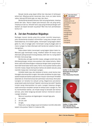 67Bab 4 Zat dan Wujudnya
massa zat
massa jenis zat
perubahan wujud
partikel
membeku
melebur
menyublim
mengembun
mengkristal
adhesi
kohesi
meniskus
menguap
Banyak benda yang dapat dilihat dan dijumpai di kehidupan
sehari-hari. Misalnya pensil, kacamata, batu, kursi, air, balon berisi
udara, tabung LPG berisi gas, es, baja, dan daun.
Benda-benda tersebut tersusun dari zat yang berbeda, misalnya
pensil dan batu. Namun dapat pula tersusun dari zat yang sama,
misalnya air dan es. Tahukah kamu apa yang dimaksud dengan zat?
Apakah zat dapat berubah wujudnya? Mari kita ikuti pembahasan
berikut ini!
A. Zat dan Perubahan Wujudnya
Berbagai macam benda yang kita jumpai memiliki kesamaan,
yaitu benda-benda tersebut memerlukan ruang atau tempat untuk
keberadaannya. Air di dalam gelas, menempati ruang bagian dalam
gelas itu, batu di pinggir jalan menempati ruang di pinggir jalan di
mana ruangan itu tidak ditempati oleh benda lain sebelum batu itu
disingkirkan.
Udara dalam balon menempati ruang bagian dalam balon itu.
Manusia juga menempati ruang, misalkan dalam lift hanya cukup
ditempati paling banyak 8 orang dewasa, lebih dari itu ruang dalam
lift tidak mencukupi lagi.
Benda atau zat juga memiliki massa, sebagai contoh batu bila
ditimbang dengan neraca menunjukkan nilai massa tertentu. Balon
berisi udara bila dibandingkan massanya dengan balon yang kempis,
akan lebih berat balon berisi udara. Hal itu menunjukkan bahwa udara
memiliki massa. Dapat disimpulkan bahwa zat adalah sesuatu yang
memiliki massa dan menempati ruangan.
Ambillah balok kayu dan letakkan di lantai, amati bentuk dan
hitunglahvolumenyabilamungkin.Kemudianpindahkankeatasmeja,
apakah terjadi perubahan pada bentuk maupun volumenya? Ambillah
sesendok air. Amati bentuknya dan perkirakan volumenya. Kemudian
tuangkan air tersebut ke sebuah piring. Bagaimana perubahan
yang terjadi pada bentuknya? Apakah volumenya berubah? Apabila
minyak wangi disemprotkan ke suatu ruangan biasanya dengan
cepat aromanya menyebar sampai ke setiap sudut ruangan itu. Hal
itu membuktikan bahwa zat minyak wangi itu berubah dari bentuk
semula, yaitu botol langsung berubah bentuk memenuhi seluruh
ruangan tersebut.
Menurut wujudnya zat digolongkan menjadi tiga yaitu
1. zat padat,
2. zat cair, dan
3. zat gas.
Pada suhu ruang, ketiga wujud zat tersebut memiliki sifat-sifat
seperti ditunjukkan Tabel 4.1 (halaman 68).
Gambar 4.2 Air dalam Gelas
Menempati Ruang Bagian
dalam Gelas
Foto: Dokumentasi Penerbit
Gambar 4.3 Udara dalam
Balon Memiliki Massa
Foto: Dokumentasi Penerbit
Kata-Kata Kunci
(Key Words)
005 bab 4.indd 67 7/18/2008 7:12:37 PM
 