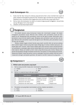 86 IPA Terpadu SMP/MTs Kelas VII
1. Suatu hari Bu Tejo menyuruh anaknya yang bernama Doni untuk membeli telur ayam di
pasar. Sebelum berangkat ke pasar Bu Tejo berpesan agar membeli telur yang masih baru.
Dapatkah kamu membantu Doni bagaimana cara memilih telur yang masih baru?
2. Semua batu bila dicelupkan ke dalam air secara langsung pasti tenggelam, kecuali batu
apung. Mengapa hal itu bisa terjadi?
3. Jelaskan prinsip kerja kapal selam!
Asah Kemampuan 4.6
Rangkuman
Zat adalah sesuatu yang mempunyai massa dan menempati ruangan. Zat dapat
mengalami perubahan wujud. Mencair atau melebur yaitu perubahan wujud zat dari
padat ke cair. Mengkristal yaitu perubahan wujud zat dari gas ke padat. Menyublim yaitu
perubahan wujud zat dari padat ke gas. Menguap yaitu perubahan wujud zat dari cair ke
gas. Mencair yaitu perubahan wujud zat dari gas ke cair. Membeku yaitu perubahan wujud
zat dari cair ke padat.
Molekul adalah bagian terkecil benda yang masih memiliki sifat zat semula sedang
atom adalah bagian terkecil yang tidak dapat dibagi lagi. Di antara molekul penyusun zat
terjadi gaya tarik menarik. Gaya kohesi adalah gaya tarik-menarik antara partikel-partikel
zat yang sejenis, sedangkan gaya adhesi adalah gaya tarik-menarik antara partikel zat yang
tidak sejenis. Massa zat adalah jumlah materi yang dikandung suatu benda. Massa jenis
benda sering disebut dengan kerapatan benda dan merupakan ciri khas setiap jenis benda.
Massa jenis adalah massa tiap satuan volume, sedangkan berat jenis adalah hasil kali antara
massa jenis dengan percepatan gravitasi. Zat sejenis memiliki massa jenis yang sama.
I. Pilihlah salah satu jawaban yang tepat!
1. Semua yang memiliki massa dan menempati ruang disebut .…
a. massa c. berat
b. zat d. gas
2. Berikut ini yang termasuk sifat gas adalah ….
Letak Molekul Gerak Molekul
Gaya Tarik Menarik
Molekul
a.
b.
c.
d.
Berdekatan dan teratur
Berdekatan dan tidak teratur
Berjauhan dan teratur
Berjauhan dan tidak teratur
Bergetar di tempat
Berpindah tempat
Bebas
Sangat bebas
Sangat kuat
Kurang kuat
Lemah
Sangat lemah
3. Perubahan zat yang tidak menimbulkan zat baru disebut perubahan .…
a. ﬁsika c. biologi
b. kimia d. eksoterm
Uji Kompetensi 4
005 bab 4.indd 86 7/18/2008 7:12:55 PM
 