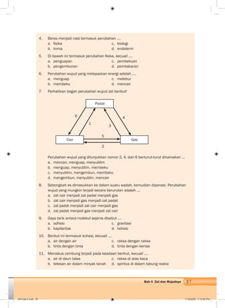 87Bab 4 Zat dan Wujudnya
Padat
GasCair
3
4
5
2
1
6
4. Beras menjadi nasi termasuk perubahan ....
a. ﬁsika c. biologi
b. kimia d. endoterm
5. Di bawah ini termasuk perubahan ﬁsika, kecuali ….
a. penguapan c. pembekuan
b. pengembunan d. pembakaran
6. Perubahan wujud yang melepaskan energi adalah .…
a. menguap c. melebur
b. membeku d. mencair
7. Perhatikan bagan perubahan wujud zat berikut!
Perubahan wujud yang ditunjukkan nomor 2, 4, dan 6 berturut-turut dinamakan …
a. mencair, menguap, menyublim
b. menguap, menyublim, membeku
c. menyublim, mengembun, membeku
d. mengembun, menyublin, mencair
8. Sebongkah es dimasukkan ke dalam suatu wadah, kemudian dipanasi. Perubahan
wujud yang mungkin terjadi secara berurutan adalah .…
a. zat cair menjadi zat padat menjadi gas
b. zat cair menjadi gas menjadi zat padat
c. zat padat menjadi zat cair menjadi gas
d. zat padat menjadi gas menjadi zat cair
9. Gaya tarik antara molekul sejenis disebut ….
a. adhesi c. gravitasi
b. kapilaritas d. kohesi
10. Berikut ini termasuk kohesi, kecuali ....
a. air dengan air c. raksa dengan raksa
b. tinta dengan tinta d. tinta dengan kertas
11. Meniskus cembung terjadi pada keadaan berikut, kecuali ….
a. air di daun talas c. raksa di atas kaca
b. tetesan air dalam minyak tanah d. spiritus di dalam tabung reaksi
005 bab 4.indd 87 7/18/2008 7:12:55 PM
 
