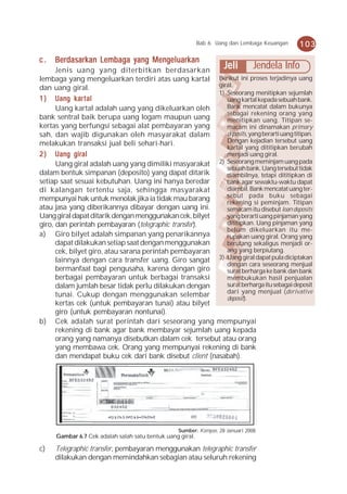 Bab 6 Uang dan Lembaga Keuangan   103

c.   Berdasarkan Lembaga yang Mengeluarkan
      Jenis uang yang diterbitkan berdasarkan
                                                                    Jeli       Jendela Info
lembaga yang mengeluarkan terdiri atas uang kartal Berikut ini proses terjadinya uang
dan uang giral.                                         giral.
                                                        1) Seseorang menitipkan sejumlah
             kar
              art
1 ) Uang k ar t al                                         uang kartal kepada sebuah bank.
      Uang kartal adalah uang yang dikeluarkan oleh        Bank mencatat dalam bukunya
                                                           sebagai rekening orang yang
bank sentral baik berupa uang logam maupun uang            menitipkan uang. Titipan se-
kertas yang berfungsi sebagai alat pembayaran yang         macam ini dinamakan primary
sah, dan wajib digunakan oleh masyarakat dalam             deposits, yang berarti uang titipan.
melakukan transaksi jual beli sehari-hari.                 Dengan kejadian tersebut uang
                                                           kartal yang dititipkan berubah
2 ) Uang giral                                             menjadi uang giral.
      Uang giral adalah uang yang dimiliki masyarakat 2) Seseorang meminjam uang pada
                                                           sebuah bank. Uang tersebut tidak
dalam bentuk simpanan (deposito) yang dapat ditarik        diambilnya, tetapi dititipkan di
setiap saat sesuai kebutuhan. Uang ini hanya beredar       bank agar sewaktu-waktu dapat
di kalangan tertentu saja, sehingga masyarakat             diambil. Bank mencatat uang ter-
                                                           sebut pada buku sebagai
mempunyai hak untuk menolak jika ia tidak mau barang       rekening si peminjam. Titipan
atau jasa yang diberikannya dibayar dengan uang ini.       semacam itu disebut loan deposits
Uang giral dapat ditarik dengan menggunakan cek, bilyet    yang berarti uang pinjaman yang
giro, dan perintah pembayaran (telegraphic transfer).      dititipkan. Uang pinjaman yang
                                                           belum dikeluarkan itu me-
a) Giro bilyet adalah simpanan yang penarikannya           rupakan uang giral. Orang yang
      dapat dilakukan setiap saat dengan menggunakan       berutang sekaligus menjadi or-
      cek, bilyet giro, atau sarana perintah pembayaran    ang yang berpiutang.
      lainnya dengan cara transfer uang. Giro sangat    3) Uang giral dapat pula diciptakan
                                                           dengan cara seseorang menjual
      bermanfaat bagi pengusaha, karena dengan giro        surat berharga ke bank dan bank
      berbagai pembayaran untuk berbagai transaksi         membukukan hasil penjualan
      dalam jumlah besar tidak perlu dilakukan dengan      surat berharga itu sebagai deposit
                                                           dari yang menjual (derivative
      tunai. Cukup dengan menggunakan selembar             deposit).
      kertas cek (untuk pembayaran tunai) atau bilyet
      giro (untuk pembayaran nontunai).
b) Cek adalah surat perintah dari seseorang yang mempunyai
      rekening di bank agar bank membayar sejumlah uang kepada
      orang yang namanya disebutkan dalam cek tersebut atau orang
      yang membawa cek. Orang yang mempunyai rekening di bank
      dan mendapat buku cek dari bank disebut client (nasabah).




                                                 Sumber: Kompas, 28 Januari 2008
     Gambar 6.7 Cek adalah salah satu bentuk uang giral.

c)   Telegraphic transfer, pembayaran menggunakan telegraphic transfer
     dilakukan dengan memindahkan sebagian atau seluruh rekening
 