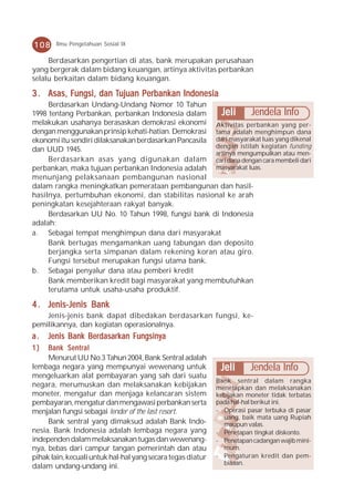 108     Ilmu Pengetahuan Sosial IX


     Berdasarkan pengertian di atas, bank merupakan perusahaan
yang bergerak dalam bidang keuangan, artinya aktivitas perbankan
selalu berkaitan dalam bidang keuangan.

          Fungsi,     Tujuan Perbank
                              erbankan
3 . Asas, Fungsi, dan Tujuan Perbank an Indonesia
     Berdasarkan Undang-Undang Nomor 10 Tahun
1998 tentang Perbankan, perbankan Indonesia dalam        Jeli Jendela Info
melakukan usahanya berasaskan demokrasi ekonomi Aktivitas perbankan yang per-
dengan menggunakan prinsip kehati-hatian. Demokrasi tama adalah menghimpun dana
ekonomi itu sendiri dilaksanakan berdasarkan Pancasila dari masyarakat luas yang dikenal
                                                       dengan istilah kegiatan funding
dan UUD 1945.
                                                       artinya mengumpulkan atau men-
     Berdasarkan asas yang digunakan dalam cari dana dengan cara membeli dari
perbankan, maka tujuan perbankan Indonesia adalah masyarakat luas.
menunjang pelaksanaan pembangunan nasional
dalam rangka meningkatkan pemerataan pembangunan dan hasil-
hasilnya, pertumbuhan ekonomi, dan stabilitas nasional ke arah
peningkatan kesejahteraan rakyat banyak.
     Berdasarkan UU No. 10 Tahun 1998, fungsi bank di Indonesia
adalah:
a. Sebagai tempat menghimpun dana dari masyarakat
     Bank bertugas mengamankan uang tabungan dan deposito
     berjangka serta simpanan dalam rekening koran atau giro.
     Fungsi tersebut merupakan fungsi utama bank.
b. Sebagai penyalur dana atau pemberi kredit
     Bank memberikan kredit bagi masyarakat yang membutuhkan
     terutama untuk usaha-usaha produktif.

4 . Jenis-Jenis Bank
    Jenis-jenis bank dapat dibedakan berdasarkan fungsi, ke-
pemilikannya, dan kegiatan operasionalnya.
a.   Jenis Bank Berdasarkan Fungsinya
1)   Bank Sentral
     Menurut UU No.3 Tahun 2004, Bank Sentral adalah
lembaga negara yang mempunyai wewenang untuk                  Jeli      Jendela Info
mengeluarkan alat pembayaran yang sah dari suatu
                                                             Bank sentral dalam rangka
negara, merumuskan dan melaksanakan kebijakan                menetapkan dan melaksanakan
moneter, mengatur dan menjaga kelancaran sistem              kebijakan moneter tidak terbatas
pembayaran, mengatur dan mengawasi perbankan serta           pada hal-hal berikut ini.
menjalan fungsi sebagai lender of the last resort.           - Operasi pasar terbuka di pasar
                                                               uang, baik mata uang Rupiah
     Bank sentral yang dimaksud adalah Bank Indo-              maupun valas.
nesia. Bank Indonesia adalah lembaga negara yang             - Penetapan tingkat diskonto.
independen dalam melaksanakan tugas dan wewenang-            - Penetapan cadangan wajib mini-
nya, bebas dari campur tangan pemerintah dan atau              mum.
pihak lain, kecuali untuk hal-hal yang secara tegas diatur   - Pengaturan kredit dan pem-
                                                               biaaan.
dalam undang-undang ini.
 