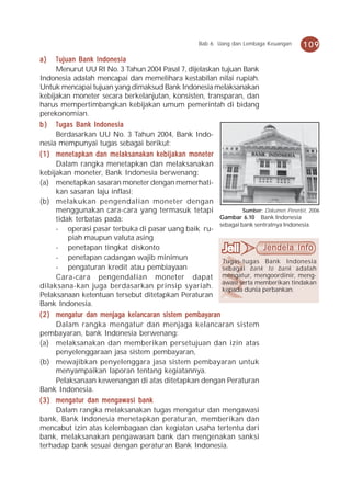 Bab 6 Uang dan Lembaga Keuangan     109
a)    Tujuan Bank Indonesia
      Menurut UU RI No. 3 Tahun 2004 Pasal 7, dijelaskan tujuan Bank
Indonesia adalah mencapai dan memelihara kestabilan nilai rupiah.
Untuk mencapai tujuan yang dimaksud Bank Indonesia melaksanakan
kebijakan moneter secara berkelanjutan, konsisten, transparan, dan
harus mempertimbangkan kebijakan umum pemerintah di bidang
perekonomian.
b ) Tugas Bank Indonesia
      Berdasarkan UU No. 3 Tahun 2004, Bank Indo-
nesia mempunyai tugas sebagai berikut:
( 1 ) menetapkan dan melaksanakan kebijakan moneter
      Dalam rangka menetapkan dan melaksanakan
kebijakan moneter, Bank Indonesia berwenang:
(a) menetapkan sasaran moneter dengan memerhati-
      kan sasaran laju inflasi;
(b) melakukan pengendalian moneter dengan
      menggunakan cara-cara yang termasuk tetapi                 Sumber: Dokumen Penerbit, 2006
      tidak terbatas pada:                              Gambar 6.10 Bank Indonesia
                                                        sebagai bank sentralnya Indonesia.
      - operasi pasar terbuka di pasar uang baik ru-
          piah maupun valuta asing
      - penetapan tingkat diskonto                                      Jendela Info
                                                                        Jendela Info
      - penetapan cadangan wajib minimun
                                                         Tugas-tugas Bank Indonesia
      - pengaturan kredit atau pembiayaan                sebagai bank to bank adalah
      Cara-cara pengendalian moneter dapat mengatur, mengoordinir, meng-
                                                         awasi serta memberikan tindakan
dilaksana-kan juga berdasarkan prinsip syariah. kepada dunia perbankan.
Pelaksanaan ketentuan tersebut ditetapkan Peraturan
Bank Indonesia.
( 2 ) mengatur dan menjaga kelancaran sistem pembayaran
      Dalam rangka mengatur dan menjaga kelancaran sistem
pembayaran, bank Indonesia berwenang:
(a) melaksanakan dan memberikan persetujuan dan izin atas
      penyelenggaraan jasa sistem pembayaran,
(b) mewajibkan penyelenggara jasa sistem pembayaran untuk
      menyampaikan laporan tentang kegiatannya.
      Pelaksanaan kewenangan di atas ditetapkan dengan Peraturan
Bank Indonesia.
( 3 ) mengatur dan mengawasi bank
      Dalam rangka melaksanakan tugas mengatur dan mengawasi
bank, Bank Indonesia menetapkan peraturan, memberikan dan
mencabut izin atas kelembagaan dan kegiatan usaha tertentu dari
bank, melaksanakan pengawasan bank dan mengenakan sanksi
terhadap bank sesuai dengan peraturan Bank Indonesia.
 