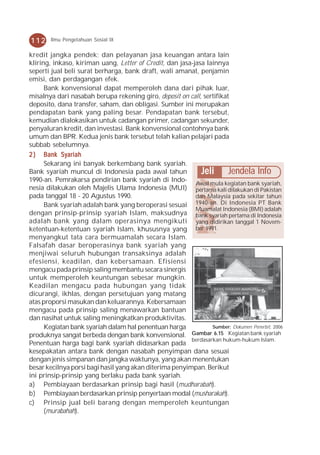 112     Ilmu Pengetahuan Sosial IX


kredit jangka pendek; dan pelayanan jasa keuangan antara lain
kliring, inkaso, kiriman uang, Letter of Credit, dan jasa-jasa lainnya
seperti jual beli surat berharga, bank draft, wali amanat, penjamin
emisi, dan perdagangan efek.
      Bank konvensional dapat memperoleh dana dari pihak luar,
misalnya dari nasabah berupa rekening giro, deposit on call, sertifikat
deposito, dana transfer, saham, dan obligasi. Sumber ini merupakan
pendapatan bank yang paling besar. Pendapatan bank tersebut,
kemudian dialokasikan untuk cadangan primer, cadangan sekunder,
penyaluran kredit, dan investasi. Bank konvensional contohnya bank
umum dan BPR. Kedua jenis bank tersebut telah kalian pelajari pada
subbab sebelumnya.
2 ) Bank Syariah
      Sekarang ini banyak berkembang bank syariah.
Bank syariah muncul di Indonesia pada awal tahun             Jeli Jendela Info
1990-an. Pemrakarsa pendirian bank syariah di Indo-
                                                           Awal mula kegiatan bank syariah,
nesia dilakukan oleh Majelis Ulama Indonesia (MUI) pertama kali dilakukan di Pakistan
pada tanggal 18 - 20 Agustus 1990.                         dan Malaysia pada sekitar tahun
      Bank syariah adalah bank yang beroperasi sesuai 1940-an. Di Indonesia PT Bank
                                                           Muamalat Indonesia (BMI) adalah
dengan prinsip-prinsip syariah Islam, maksudnya bank syariah pertama di Indonesia
adalah bank yang dalam operasinya mengikuti yang didirikan tanggal 1 Novem-
ketentuan-ketentuan syariah Islam, khususnya yang ber 1991.
menyangkut tata cara bermuamalah secara Islam.
Falsafah dasar beroperasinya bank syariah yang
menjiwai seluruh hubungan transaksinya adalah
efesiensi, keadilan, dan kebersamaan. Efisiensi
mengacu pada prinsip saling membantu secara sinergis
untuk memperoleh keuntungan sebesar mungkin.
Keadilan mengacu pada hubungan yang tidak
dicurangi, ikhlas, dengan persetujuan yang matang
atas proporsi masukan dan keluarannya. Kebersamaan
mengacu pada prinsip saling menawarkan bantuan
dan nasihat untuk saling meningkatkan produktivitas.
      Kegiatan bank syariah dalam hal penentuan harga            Sumber: Dokumen Penerbit, 2006
produknya sangat berbeda dengan bank konvensional. Gambar 6.15 Kegiatan bank syariah
                                                         berdasarkan hukum-hukum Islam.
Penentuan harga bagi bank syariah didasarkan pada
kesepakatan antara bank dengan nasabah penyimpan dana sesuai
dengan jenis simpanan dan jangka waktunya, yang akan menentukan
besar kecilnya porsi bagi hasil yang akan diterima penyimpan. Berikut
ini prinsip-prinsip yang berlaku pada bank syariah.
a) Pembiayaan berdasarkan prinsip bagi hasil (mudharabah).
b) Pembiayaan berdasarkan prinsip penyertaan modal (musharakah).
c) Prinsip jual beli barang dengan memperoleh keuntungan
      (murabahah).
 