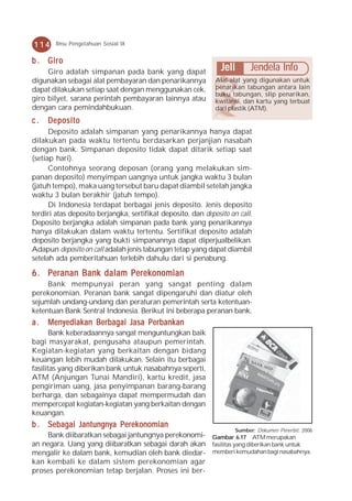 114     Ilmu Pengetahuan Sosial IX


b . Giro
     Giro adalah simpanan pada bank yang dapat                  Jeli       Jendela Info
digunakan sebagai alat pembayaran dan penarikannya            Alat-alat yang digunakan untuk
dapat dilakukan setiap saat dengan menggunakan cek,           penarikan tabungan antara lain
                                                              buku tabungan, slip penarikan,
giro bilyet, sarana perintah pembayaran lainnya atau          kwitansi, dan kartu yang terbuat
dengan cara pemindahbukuan.                                   dari plastik (ATM).

c.   Deposito
      Deposito adalah simpanan yang penarikannya hanya dapat
dilakukan pada waktu tertentu berdasarkan perjanjian nasabah
dengan bank. Simpanan deposito tidak dapat ditarik setiap saat
(setiap hari).
      Contohnya seorang deposan (orang yang melakukan sim-
panan deposito) menyimpan uangnya untuk jangka waktu 3 bulan
(jatuh tempo), maka uang tersebut baru dapat diambil setelah jangka
waktu 3 bulan berakhir (jatuh tempo).
      Di Indonesia terdapat berbagai jenis deposito. Jenis deposito
terdiri atas deposito berjangka, sertifikat deposito, dan deposito on call.
Deposito berjangka adalah simpanan pada bank yang penarikannya
hanya dilakukan dalam waktu tertentu. Sertifikat deposito adalah
deposito berjangka yang bukti simpanannya dapat diperjualbelikan.
Adapun deposito on call adalah jenis tabungan tetap yang dapat diambil
setelah ada pemberitahuan terlebih dahulu dari si penabung.

6 . Peranan Bank dalam Perekonomian
     Bank mempunyai peran yang sangat penting dalam
perekonomian. Peranan bank sangat dipengaruhi dan diatur oleh
sejumlah undang-undang dan peraturan pemerintah serta ketentuan-
ketentuan Bank Sentral Indonesia. Berikut ini beberapa peranan bank.
a.   Menyediakan Berbagai Jasa Perbankan
       Bank keberadaannya sangat menguntungkan baik
bagi masyarakat, pengusaha ataupun pemerintah.
Kegiatan-kegiatan yang berkaitan dengan bidang
keuangan lebih mudah dilakukan. Selain itu berbagai
fasilitas yang diberikan bank untuk nasabahnya seperti,
ATM (Anjungan Tunai Mandiri), kartu kredit, jasa
pengiriman uang, jasa penyimpanan barang-barang
berharga, dan sebagainya dapat mempermudah dan
mempercepat kegiatan-kegiatan yang berkaitan dengan
keuangan.
b . Sebagai Jantungnya Perekonomian
                                                                     Sumber: Dokumen Penerbit, 2006
     Bank diibaratkan sebagai jantungnya perekonomi- Gambar 6.17 ATM merupakan
an negara. Uang yang diibaratkan sebagai darah akan fasilitas yang diberikan bank untuk
mengalir ke dalam bank, kemudian oleh bank diedar- memberi kemudahan bagi nasabahnya.
kan kembali ke dalam sistem perekonomian agar
proses perekonomian tetap berjalan. Proses ini ber-
 