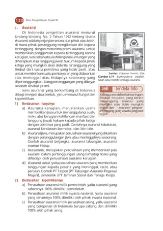120     Ilmu Pengetahuan Sosial IX


c.   Asuransi
     Di Indonesia pengertian asuransi menurut
Undang-Undang No. 2 Tahun 1992 tentang Usaha
Asuransi adalah perjanjian antara dua pihak atau lebih,
di mana pihak penanggung mengikatkan diri kepada
tertanggung, dengan menerima premi asuransi, untuk
memberikan penggantian kepada tertanggung karena
kerugian, kerusakan atau kehilangan keuntungan yang
diharapkan atau tanggung jawab hukum kepada pihak
ketiga yang mungkin akan diderita tertanggung yang
timbul dari suatu peristiwa yang tidak pasti, atau
untuk memberikan suatu pembayaran yang didasarkan                 Sumber: Dokumen Penerbit, 2006
atas meninggal atau hidupnya seseorang yang             Gambar 6.19 Bumiputera adalah
                                                        salah satu contoh lembaga asuransi.
dipertanggungkan. Uang pertanggungan yang dibayar
nasabah disebut premi.
     Jenis asuransi yang berkembang di Indonesia           Jeli Jendela Info
dibagi menjadi dua bentuk, yaitu menurut fungsi dan Kata asuransi dalam bahasa Inggris
kepemilikan.                                             disebut Insurance, yang berarti
                                                         menanggung sesuatu yang
1 ) Berdasarkan fungsinya                                mungkin atau tidak mungkin
     a) Asuransi kerugian, menjalankan usaha terjadi, dan “assurance” yang ber-
         memberikan jasa untuk menanggulangi suatu arti menang-gung sesuatu yang pasti
                                                         terjadi.
         risiko atas kerugian kehilangan manfaat dan
         tanggung jawab hukum kepada pihak ketiga
         dengan peristiwa yang pasti. Contohnya asuransi kebakaran,
         asuransi kendaraan bermotor, dan lain-lain.
     b) Asuransi jiwa, merupakan perusahaan asuransi yang dikaitkan
         dengan penanggulangan jiwa atau meninggalnya seseorang.
         Contoh asuransi berjangka, asuransi tabungan, asuransi
         seumur hidup.
     c) Reasuransi, merupakan perusahaan yang memberikan jasa
         asuransi dalam pertanggungan ulang terhadap risiko yang
         dihadapi oleh perusahaan asuransi kerugian.
     d) Asuransi sosial, yaitu perusahaan asuransi yang memberikan
         tanggungan kepada peserta yang meninggal, cacat, atau
         pensiun. Contoh PT Taspen (PT Tabungan Asuransi Pegawai
         Negeri), Jamsostek (PT Jaminan Sosial dan Tenaga Kerja).
2 ) Berdasarkan kepemilikannya
     a) Perusahaan asuransi milik pemerintah, yaitu asuransi yang
         sahamnya 100% dimiliki pemerintah.
     b) Perusahaan asuransi milik swasta nasional, yaitu asuransi
         yang sahamnya 100% dimiliki oleh pihak swasta nasional.
     c) Perusahaan asuransi milik perusahaan asing, yaitu asuransi
         yang beroperasi di Indonesia berupa cabang dan dimiliki
         100% oleh pihak asing.
 