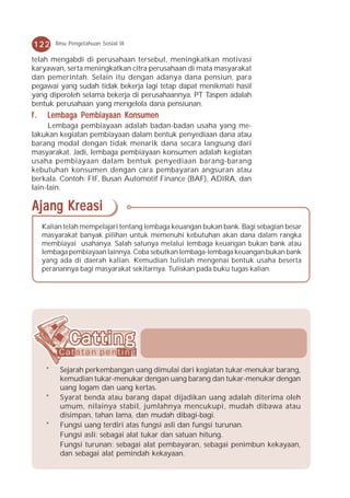 122       Ilmu Pengetahuan Sosial IX

telah mengabdi di perusahaan tersebut, meningkatkan motivasi
karyawan, serta meningkatkan citra perusahaan di mata masyarakat
dan pemerintah. Selain itu dengan adanya dana pensiun, para
pegawai yang sudah tidak bekerja lagi tetap dapat menikmati hasil
yang diperoleh selama bekerja di perusahaannya. PT Taspen adalah
bentuk perusahaan yang mengelola dana pensiunan.
f.    Lembaga Pembiayaan Konsumen
      Lembaga pembiayaan adalah badan-badan usaha yang me-
lakukan kegiatan pembiayaan dalam bentuk penyediaan dana atau
barang modal dengan tidak menarik dana secara langsung dari
masyarakat. Jadi, lembaga pembiayaan konsumen adalah kegiatan
usaha pembiayaan dalam bentuk penyediaan barang-barang
kebutuhan konsumen dengan cara pembayaran angsuran atau
berkala. Contoh: FIF, Busan Automotif Finance (BAF), ADIRA, dan
lain-lain.

Ajang Kreasi
     Kalian telah mempelajari tentang lembaga keuangan bukan bank. Bagi sebagian besar
     masyarakat banyak pilihan untuk memenuhi kebutuhan akan dana dalam rangka
     membiayai usahanya. Salah satunya melalui lembaga keuangan bukan bank atau
     lembaga pembiayaan lainnya. Coba sebutkan lembaga-lembaga keuangan bukan bank
     yang ada di daerah kalian. Kemudian tulislah mengenai bentuk usaha beserta
     peranannya bagi masyarakat sekitarnya. Tuliskan pada buku tugas kalian.




      *    Sejarah perkembangan uang dimulai dari kegiatan tukar-menukar barang,
           kemudian tukar-menukar dengan uang barang dan tukar-menukar dengan
           uang logam dan uang kertas.
      *    Syarat benda atau barang dapat dijadikan uang adalah diterima oleh
           umum, nilainya stabil, jumlahnya mencukupi, mudah dibawa atau
           disimpan, tahan lama, dan mudah dibagi-bagi.
      *    Fungsi uang terdiri atas fungsi asli dan fungsi turunan.
           Fungsi asli: sebagai alat tukar dan satuan hitung.
           Fungsi turunan: sebagai alat pembayaran, sebagai penimbun kekayaan,
           dan sebagai alat pemindah kekayaan.
 