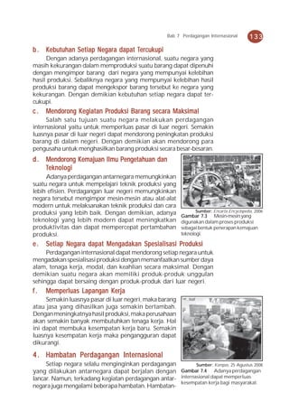 Bab 7 Perdagangan Internasional        133

b . Kebutuhan Setiap Negar a dapat Ter cuk upi
              Setiap Negar
                      egara        Tercukupi
                                    ercuk
     Dengan adanya perdagangan internasional, suatu negara yang
masih kekurangan dalam memproduksi suatu barang dapat dipenuhi
dengan mengimpor barang dari negara yang mempunyai kelebihan
hasil produksi. Sebaliknya negara yang mempunyai kelebihan hasil
produksi barang dapat mengekspor barang tersebut ke negara yang
kekurangan. Dengan demikian kebutuhan setiap negara dapat ter-
cukupi.
c.   Mendorong Kegiatan Produksi Barang secara Maksimal
     Salah satu tujuan suatu negara melakukan perdagangan
internasional yaitu untuk memperluas pasar di luar negeri. Semakin
luasnya pasar di luar negeri dapat mendorong peningkatan produksi
barang di dalam negeri. Dengan demikian akan mendorong para
pengusaha untuk menghasilkan barang produksi secara besar-besaran.
d . Mendorong Kemajuan Ilmu Pengetahuan dan
     eknologi
    Teknolog i
     Adanya perdagangan antarnegara memungkinkan
suatu negara untuk mempelajari teknik produksi yang
lebih efisien. Perdagangan luar negeri memungkinkan
negara tersebut mengimpor mesin-mesin atau alat-alat
modern untuk melaksanakan teknik produksi dan cara
produksi yang lebih baik. Dengan demikian, adanya                Sumber: Encarta Encyclopedia, 2006
                                                           Gambar 7.3 Mesin-mesin yang
teknologi yang lebih modern dapat meningkatkan             digunakan dalam proses produksi
produktivitas dan dapat mempercepat pertambahan            sebagai bentuk penerapan kemajuan
produksi.                                                  teknologi.

e.   Setiap Negara dapat Mengadakan Spesialisasi Produksi
     Perdagangan internasional dapat mendorong setiap negara untuk
mengadakan spesialisasi produksi dengan memanfaatkan sumber daya
alam, tenaga kerja, modal, dan keahlian secara maksimal. Dengan
demikian suatu negara akan memiliki produk-produk unggulan
sehingga dapat bersaing dengan produk-produk dari luar negeri.
f.   Memperluas Lapangan Kerja
     Semakin luasnya pasar di luar negeri, maka barang
atau jasa yang dihasilkan juga semakin bertambah.
Dengan meningkatnya hasil produksi, maka perusahaan
akan semakin banyak membutuhkan tenaga kerja. Hal
ini dapat membuka kesempatan kerja baru. Semakin
luasnya kesempatan kerja maka pengangguran dapat
dikurangi.

             Perdagangan
4 . Hambatan Perdagangan Internasional
     Setiap negara selalu menginginkan perdagangan          Sumber: Kompas, 25 Agustus 2008
yang dilakukan antarnegara dapat berjalan dengan Gambar 7.4 Adanya perdagangan
lancar. Namun, terkadang kegiatan perdagangan antar- internasional dapat memperluas
                                                     kesempatan kerja bagi masyarakat.
negara juga mengalami beberapa hambatan. Hambatan-
 