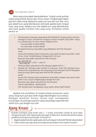 140    Ilmu Pengetahuan Sosial IX


      Mata uang asing dapat diperjualbelikan. Tempat untuk jual beli
valuta asing di bank devisa atau money changer. Penghitungan dalam
jual beli valuta asing didasarkan pada kurs jual dan kurs beli. Kurs
jual adalah kurs yang diberlakukan oleh bank apabila bank menjual
mata uang asing. Adapun kurs beli adalah kurs yang diberlakukan
oleh bank apabila membeli mata uang asing. Perhatikan contoh
berikut ini.

      1.   Pak Sitompul mempunyai uang sebesar Rp1.000.000,00. Ia ingin pergi ke Amerika,
           sehingga ia harus menukarkan uangnya tersebut menjadi uang dollar. Harga
           kurs yang berlaku di money changer sebagai berikut:
           - Kurs jual dollar AS Rp10.900,00
           - Kurs beli dollar AS Rp10.800,00
           Berapakah besarnya uang dollar yang didapatkan oleh Pak Sitompul?
           Jawab:
           Karena Pak Sitompul ingin menukarkan uang rupiah menjadi uang dollar, maka
           money changer menghitungnya menggunakan kurs jual.
           Besarnya uang dollar yang diterima Pak Sitompul:
            Rp1.000.000, 00
                            x US$ 1 = US$ 91,7
             Rp10.900, 00
           Besarnya dollar yang diterima Pak Sitompul adalah US$ 91,7.
      2.   Apabila Pak Sitompul ingin kembali ke Indonesia, maka Pak Sitompul harus
           menukarkan uang dollarnya. Sisa uang yang tersisa sebanyak US$ 40. Berapakah
           besarnya uang rupiah yang akan diterima Pak Sitompul?
           Jawab:
           Karena Pak Sitompul ingin menukarkan uang dollar menjadi uang rupiah maka
           pihak money changer menghitungnya dengan kurs beli.
           Besarnya uang rupiah yang diterima Pak Sitompul:
           US$ 40 x Rp10.800,00 = Rp432.000,00
           Pak Sitompul akan mendapatkan uang rupiah sebesar Rp432.000,00.


      Apabila kita perhatikan di tempat-tempat penukaran valuta
asing, harga kurs jual akan lebih tinggi dibandingkan kurs belinya.
Mengapa demikian? Karena mereka ingin mendapatkan
keuntungan. Keuntungan jual beli valuta asing dapat diperoleh dari
selisih kurs jual dengan kurs beli.

Ajang Kreasi
   Buatlah kelompok yang terdiri atas 2 - 3 orang. Kemudian carilah di surat kabar
   mengenai kondisi nilai rupiah pada saat tugas ini diberikan. Analisislah dan kemudian
   jawablah pertanyaan-pertanyaan di bawah ini.
   1. Bagaimanakah kondisi rupiah pada saat itu (menguat/melemah)? Berilah alasan kalian!
   2. Faktor-faktor apa saja yang memengaruhi perubahan nilai rupiah tersebut?
 