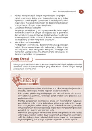 Bab 7 Perdagangan Internasional   143
a.    Adanya ketergantungan dengan negara-negara pengimpor
      Untuk memenuhi kebutuhan barang-barang yang tidak
      diproduksi dalam negeri, pemerintah akan mengimpor dari
      negara lain. Kegiatan mengimpor ini dapat mengakibatkan
      ketergantungan dengan negara pengimpor.
b.    Masyarakat menjadi konsumtif
      Banyaknya barang-barang impor yang masuk ke dalam negeri
      menyebabkan semakin banyak barang yang ada di pasar baik
      dari jumlah, jenis, dan bentuknya. Akibatnya akan mendorong
      seseorang untuk lebih konsumtif, karena semakin banyak
      barang-barang pilihan yang dapat dikonsumsi.
c.    Mematikan usaha-usaha kecil
      Perdagangan internasional, dapat menimbulkan persaingan
      industri dengan negara-negara lain. Industri yang tidak mampu
      bersaing tentu akan mengalami kerugian, sehingga akan
      mematikan usaha produksinya. Dalam jangka panjang, hal ini
      dapat menyebabkan pengangguran.

Ajang Kreasi
     Perdagangan internasional memberikan dampak positif dan negatif bagi perekonomian
     Indonesia. Sebutkan dampak-dampak yang dapat kalian rasakan dengan adanya
     perdagangan internasional!




      *   Perdagangan internasional adalah tukar-menukar barang atau jasa antara
          dua atau lebih negara melalui kegiatan ekspor dan impor.
      *   Faktor-faktor pendorong perdagangan internasional antara lain: sumber
          daya alam yang dimiliki, teknologi, penghematan biaya produksi, dan
          perbedaan selera.
      *   Manfaat perdagangan internasional antara lain meningkatkan hubungan
          persahabatan antarnegara, kebutuhan setiap negara dapat tercukupi,
          mendorong kegiatan produksi barang secara maksimal, mendorong kemajuan
          ilmu pengetahuan dan teknologi, setiap negara dapat mengadakan spesialisasi
          produksi, dan memperluas lapangan kerja.
      *   Hambatan perdagangan internasional terdiri atas perbedaan mata uang
          antarnegara, kualitas sumber daya yang rendah, pembayaran antarnegara
          sulit dan risikonya besar, adanya kebijaksanaan impor dari suatu negara,
          terjadinya perang, dan adanya organisasi-organisasi ekonomi regional.
 