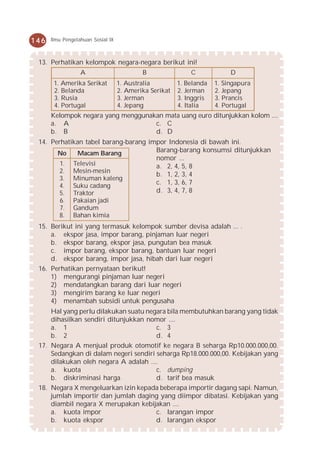 146   Ilmu Pengetahuan Sosial IX



 13. Perhatikan kelompok negara-negara berikut ini!
              A                  B              C                         D
       1. Amerika Serikat          1. Australia         1. Belanda   1. Singapura
       2. Belanda                  2. Amerika Serikat   2. Jerman    2. Jepang
       3. R u s i a                3. Jerman            3. Inggris   3. Prancis
       4. Portugal                 4. Jepang            4. Italia    4. Portugal
      Kelompok negara yang menggunakan mata uang euro ditunjukkan kolom ....
      a. A                          c. C
      b. B                          d. D
 14. Perhatikan tabel barang-barang impor Indonesia di bawah ini.
       No     Macam Barang            Barang-barang konsumsi ditunjukkan
                                      nomor ...
        1. Televisi                   a. 2, 4, 5, 8
        2. Mesin-mesin
                                      b. 1, 2, 3, 4
        3. Minuman kaleng
        4. Suku cadang
                                      c. 1, 3, 6, 7
        5. Traktor                    d. 3, 4, 7, 8
        6. P ak ai an j ad i
        7. Gandum
        8. Bahan kimia
 15. Berikut ini yang termasuk kelompok sumber devisa adalah ... .
     a. ekspor jasa, impor barang, pinjaman luar negeri
     b. ekspor barang, ekspor jasa, pungutan bea masuk
     c. impor barang, ekspor barang, bantuan luar negeri
     d. ekspor barang, impor jasa, hibah dari luar negeri
 16. Perhatikan pernyataan berikut!
     1) mengurangi pinjaman luar negeri
     2) mendatangkan barang dari luar negeri
     3) mengirim barang ke luar negeri
     4) menambah subsidi untuk pengusaha
     Hal yang perlu dilakukan suatu negara bila membutuhkan barang yang tidak
     dihasilkan sendiri ditunjukkan nomor ....
     a. 1                              c. 3
     b. 2                              d. 4
 17. Negara A menjual produk otomotif ke negara B seharga Rp10.000.000,00.
     Sedangkan di dalam negeri sendiri seharga Rp18.000.000,00. Kebijakan yang
     dilakukan oleh negara A adalah ....
     a. kuota                          c. dumping
     b. diskriminasi harga             d. tarif bea masuk
 18. Negara X mengeluarkan izin kepada beberapa importir dagang sapi. Namun,
     jumlah importir dan jumlah daging yang diimpor dibatasi. Kebijakan yang
     diambil negara X merupakan kebijakan ....
     a. kuota impor                    c. larangan impor
     b. kuota ekspor                   d. larangan ekspor
 