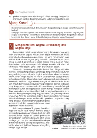 8     Ilmu Pengetahuan Sosial IX

2)       perkembangan industri mencapai tahap tertinggi dengan ke-
         mampuan sumber daya manusia yang sudah mencapai taraf ahli.

Ajang Kreasi
     Berdasarkan uraian tersebut, diskusikanlah dengan kelompok belajar kalian tentang hal
     berikut!
     Mengapa masalah kependudukan merupakan masalah yang kompleks bagi negara-
     negara berkembang? Tulislah hasil diskusi kalian dan bandingkan dengan hasil diskusi
     kelompok lain dalam suatu diskusi kelas yang dipandu bapak/ibu guru!



           Mengidentifikasi Negara Berkembang dan
B.         Negara Maju
      Berdasarkan ciri-ciri negara berkembang dan negara maju yang
telah diuraikan di depan, maka kalian dapat membedakan antara
negara berkembang dan negara maju. Hal yang harus kalian ingat
adalah tidak semua negara yang memiliki pendapatan perkapita
tinggi dapat digolongkan sebagai negara maju, namun harus
diperhatikan pula aspek-aspek lain sebagai karakteristik atau ciri-
ciri negara maju seperti yang telah diuraikan di depan.
      Salah satu contohnya adalah Uni Emirat Arab. Negara tersebut
memiliki pendapatan perkapita yang tinggi dan pemenuhan kebutuhan
masyarakatnya sampai pada tingkat kebutuhan sekunder bahkan
tersier. Akan tetapi, negara ini masih dikategorikan sebagai negara
berkembang. Hal ini dikarenakan masih adanya aspek-aspek lain yang
menunjukkan ciri-ciri negara berkembang di Uni Emirat Arab, antara
lain, masih banyaknya penduduk yang tinggal di daerah pedesaan,
penyokong perekonomian masih didominasi barang mentah (minyak
mentah) dan bukan barang produksi, belum mampu mengolah sumber
daya yang ada secara maksimal menjadi barang hasil produksi, serta
memiliki ketergantungan yang tinggi terhadap bangsa-bangsa Barat,
khususnya Amerika Serikat dan Inggris dalam mengelola minyaknya.
Ketidakseimbangan antara jumlah faktor produksi dengan teknologi
yang dikuasai inilah yang menyebabkan peng-
gunaan modal dan tenaga kerja belum dapat
digunakan secara maksimal.
      Lain halnya dengan Singapura. Meskipun
negara ini relatif kecil, namun memiliki tingkat
pendapatan perkapita yang tinggi, lebih dari 80%
penduduknya tinggal di daerah perkotaan,
pertumbuhan ekonomi didukung oleh sektor
perdagangan dan jasa, serta komoditas ekspor
didominasi barang-barang hasil produksi. Hal-
hal tersebut menjadikan Singapura tergolong                    Sumber: Encarta Encyclopedia, 2006
sebagai negara maju.                             Gambar 1.7 Salah satu sudut kota di Singapura.
 