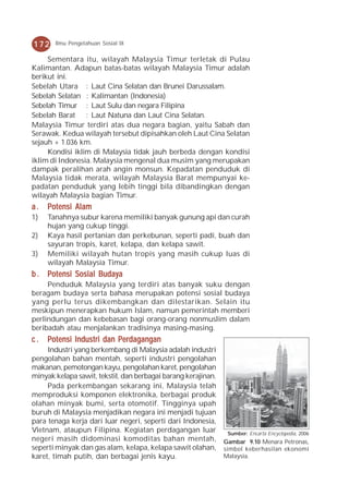 172    Ilmu Pengetahuan Sosial IX

     Sementara itu, wilayah Malaysia Timur terletak di Pulau
Kalimantan. Adapun batas-batas wilayah Malaysia Timur adalah
berikut ini.
Sebelah Utara : Laut Cina Selatan dan Brunei Darussalam.
Sebelah Selatan : Kalimantan (Indonesia)
Sebelah Timur : Laut Sulu dan negara Filipina
Sebelah Barat : Laut Natuna dan Laut Cina Selatan.
Malaysia Timur terdiri atas dua negara bagian, yaitu Sabah dan
Serawak. Kedua wilayah tersebut dipisahkan oleh Laut Cina Selatan
sejauh + 1.036 km.
     Kondisi iklim di Malaysia tidak jauh berbeda dengan kondisi
iklim di Indonesia. Malaysia mengenal dua musim yang merupakan
dampak peralihan arah angin monsun. Kepadatan penduduk di
Malaysia tidak merata, wilayah Malaysia Barat mempunyai ke-
padatan penduduk yang lebih tinggi bila dibandingkan dengan
wilayah Malaysia bagian Timur.
a.   Potensi Alam
1)   Tanahnya subur karena memiliki banyak gunung api dan curah
     hujan yang cukup tinggi.
2)   Kaya hasil pertanian dan perkebunan, seperti padi, buah dan
     sayuran tropis, karet, kelapa, dan kelapa sawit.
3)   Memiliki wilayah hutan tropis yang masih cukup luas di
     wilayah Malaysia Timur.
b . Potensi Sosial Budaya
     Penduduk Malaysia yang terdiri atas banyak suku dengan
beragam budaya serta bahasa merupakan potensi sosial budaya
yang perlu terus dikembangkan dan dilestarikan. Selain itu
meskipun menerapkan hukum Islam, namun pemerintah memberi
perlindungan dan kebebasan bagi orang-orang nonmuslim dalam
beribadah atau menjalankan tradisinya masing-masing.
c.   Potensi Industri dan Perdagangan
     Industri yang berkembang di Malaysia adalah industri
pengolahan bahan mentah, seperti industri pengolahan
makanan, pemotongan kayu, pengolahan karet, pengolahan
minyak kelapa sawit, tekstil, dan berbagai barang kerajinan.
     Pada perkembangan sekarang ini, Malaysia telah
memproduksi komponen elektronika, berbagai produk
olahan minyak bumi, serta otomotif. Tingginya upah
buruh di Malaysia menjadikan negara ini menjadi tujuan
para tenaga kerja dari luar negeri, seperti dari Indonesia,
Vietnam, ataupun Filipina. Kegiatan perdagangan luar            Sumber: Encarta Encyclopedia, 2006
negeri masih didominasi komoditas bahan mentah,                Gambar 9.10 Menara Petronas,
seperti minyak dan gas alam, kelapa, kelapa sawit olahan,      simbol keberhasilan ekonomi
karet, timah putih, dan berbagai jenis kayu.                   Malaysia.
 