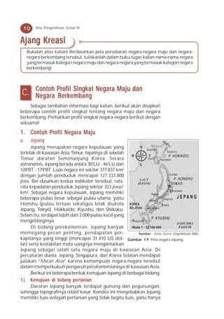 10      Ilmu Pengetahuan Sosial IX


Ajang Kreasi
     Bukalah atlas kalian! Berdasarkan peta persebaran negara-negara maju dan negara-
     negara berkembang tersebut, tuliskanlah dalam buku tugas kalian nama-nama negara
     yang termasuk kategori negara maju dan negara-negara yang termasuk kategori negara
     berkembang!



         Contoh Profil Singkat Negara Maju dan
C.       Negara Berkembang
     Sebagai tambahan informasi bagi kalian, berikut akan disajikan
beberapa contoh profil singkat tentang negara maju dan negara
berkembang. Perhatikan profil singkat negara-negara berikut dengan
seksama!

1 . Contoh Profil Negara Maju
a.    Jepang
      Jepang merupakan negara kepulauan yang                U
terletak di kawasan Asia Timur, tepatnya di sebelah
                                                       B           T
Timur daratan Semenanjung Korea. Secara
astronomis, Jepang berada antara 30°LU - 46°LU dan          S
128°BT - 179°BT. Luas negara ini sekitar 377.837 km²
dengan jumlah penduduk mencapai 127.333.000
jiwa. Ber-dasarkan kedua indikator tersebut, rata-
rata kepadatan penduduk Jepang sekitar 323 jiwa/
km². Sebagai negara kepulauan, Jepang memiliki
beberapa pulau besar sebagai pulau utama, yaitu
Honshu (pulau terluas sekaligus letak ibukota
Jepang, Tokyo), Hokkaido, Kyushu, dan Shikoku.
Selain itu, terdapat lebih dari 3.000 pulau kecil yang
mengelilinginya.
      Di bidang perekonomian, Jepang banyak            Skala 1 : 53.100.000
memegang peran penting, pendapatan per-                    Sumber: Atlas Dunia, Depdikbud 2003
kapitanya yang tinggi (mencapai 31.410 US dol- Gambar 1.9 Peta negara Jepang.
lar) serta kestabilan mata uangnya mengantarkan
Jepang sebagai salah satu negara maju di kawasan Asia. Di
percaturan dunia, Jepang, Singapura, dan Korea Selatan mendapat
julukan “Macan Asia” karena kemampuan negara-negara tersebut
dalam memperkukuh pengaruh perekonomiannya di kawasan Asia.
      Berikut ini beberapa bentuk kemajuan Jepang di berbagai bidang.
1 ) K emajuan di bidang per t anian
      Daratan Jepang banyak terdapat gunung dan pegunungan,
sehingga topografinya relatif kasar. Kondisi ini menyebabkan Jepang
memiliki luas wilayah pertanian yang tidak begitu luas, yaitu hanya
 