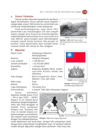 Bab 9 Unsur-Unsur Fisik dan Sosial Kawasan Asia Tenggara   185

e.   Potensi Pariwisata
     Potensi sumber daya alam yang ada di Laos belum
dapat dimanfaatkan secara optimal untuk disajikan
sebagai objek wisata. Oleh karena itu, pemerintah Laos
cenderung mengembangkan wisata budayanya.
     Pada perkembangannya, sejak tahun 1993,
pemerintah Laos mencanangkan 21% dari wilayah
negara sebagai Area Konservasi Keanekaragaman
Hayati Nasional (National Biodiversity Conservation Area     Sumber: Encarta Encyclopedia, 2006
atau NBCA), yang mungkin akan dikembangkan
                                                         Gambar 9.30 Salah satu sudut
menjadi sebuah taman nasional. Bila proyek ini National Biodiversity Conservation Area
berhasil, maka diperkirakan akan menjadi taman di Laos.
nasional terbaik dan terluas di Asia Tenggara.

9 . Myanmar
Nama resmi              :
                        Pyidaungzu Myanma
                        Naingngandaw
Ibukota              : Yangoon/Rangoon
Luas wilayah         : ± 678.500 km²
Jumlah penduduk : ± 42.720.200 (2004)
Kepadatan            : ± 63 jiwa/km²
Agama                : Mayoritas Buddha (85%), selebih-
                        nya Islam, Kristen, Hindu, dan
                        Animisme
Suku bangsa          : Birma (mayoritas), Karen, Shan,
                        Rakhine, Cina, dan India                      Sumber: http://id.wikipedia.org/
Mata uang            : Kyat                                                              wiki/Myanmar
Bahasa               : Birma                                    Gambar 9.31 Bendera dan
                                                                lambang negara Myanmar.
Lagu kebangsaan : Gba Majay Bma
Kemerdekaan          : 4 Januari 1948 (dari kekuasaan Inggris)
     Secara       astronomis,
Myanmar terletak antara 11°LU
– 28°LU dan 92°BT – 100°BT.
Negara ini di sebelah Barat
berbatasan dengan Bangladesh,              U
India, dan Teluk Benggala; di
                                       B       T
sebelah Timur berbatasan
dengan Laos, Thailand, dan                 S
                                    SKALA 1 : 80.450.000
Cina; di sebelah Selatan ber-          : NEGARA MYANMAR
batasan dengan Laut Andaman;
                                                         Sumber: http://id.wikipedia.org/wiki/Myanmar
dan sebelah Utara berbatasan
                                Gambar 9.32 Letak negara Myanmar.
dengan Cina. Wilayah Myanmar
masih didominasi oleh areal hutan. Hampir 52% wilayahnya masih
berupa hutan yang banyak menghasilkan kayu. Di kawasan dataran
rendah banyak digunakan sebagai lahan pertanian. Pada masa lalu,
 