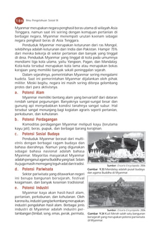 186     Ilmu Pengetahuan Sosial IX

Myanmar merupakan negara penghasil beras utama di wilayah Asia
Tenggara, namun saat ini seiring dengan kemajuan pertanian di
berbagai negara, Myanmar menempati urutan keenam sebagai
negara penghasil beras di Asia Tenggara.
     Penduduk Myanmar merupakan keturunan dari ras Mongol,
selebihnya adalah keturunan dari India dan Pakistan. Hampir 75%
dari mereka bekerja di sektor pertanian dan banyak yang tinggal
di desa. Penduduk Myanmar yang tinggal di kota pada umumnya
mendiami tiga kota utama, yaitu Yangoon, Pagan, dan Mandalay.
Kota-kota tersebut merupakan kota lama atau merupakan bekas
kerajaan yang memiliki banyak sekali peninggalan sejarah.
     Dalam sejarahnya, pemerintahan Myanmar sering mengalami
kudeta. Saat ini pemerintahan Myanmar dijalankan oleh pihak
militer. Meski begitu, negara ini masih sering diterpa gelombang
protes dari para aktivisnya.
a.   Potensi Alam
     Myanmar memiliki bentang alam yang bervariatif dari dataran
rendah sampai pegunungan. Banyaknya sungai-sungai besar dan
gunung api menyebabkan kondisi tanahnya sangat subur. Hal
tersebut sangat menunjang bagi kegiatan agraris seperti pertanian,
perkebunan, dan kehutanan.
b . Potensi Perdagangan
    Komoditas perdagangan Myanmar meliputi kayu (terutama
kayu jati), beras, pupuk, dan berbagai barang kerajinan.
c.   Potensi Sosial Budaya
      Penduduk Myanmar berasal dari multi-
etnis dengan berbagai ragam budaya dan
bahasa daerahnya. Namun yang digunakan
sebagai bahasa nasional adalah bahasa
Myanmar. Mayoritas masyarakat Myanmar
adalah penganut agama Buddha yang taat. Selain
itu juga masih memegang teguh adat dan tradisi.                   Sumber: Encarta Encyclopedia, 2006
d . Potensi Pariwisata                              Gambar 9.33 Mandalay adalah pusat budaya
                                                    dan agama Buddha di Myanmar.
     Sektor pariwisata yang ditawarkan negeri
ini berupa bangunan bersejarah, festival
keagamaan, dan banyak kesenian tradisional.
e.   Potensi Industri
     Myanmar kaya akan hasil-hasil alam,
pertanian, perkebunan, dan kehutanan. Oleh
karena itu, industri yang berkembang merupakan
industri pengolahan hasil alam. Berbagai jenis
industri di Myanmar adalah industri per-                    Sumber: Encarta Encyclopedia, 2006
tambangan (timbal, seng, emas, perak, permata, Gambar 9.34 Kuil Merah salah satu bangunan
                                                    bersejarah yang merupakan potensi pariwisata
                                                    di Myanmar.
 
