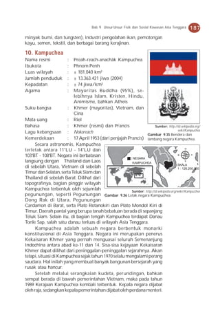 Bab 9 Unsur-Unsur Fisik dan Sosial Kawasan Asia Tenggara   187
minyak bumi, dan tungsten), industri pengolahan ikan, pemotongan
kayu, semen, tekstil, dan berbagai barang kerajinan.

1 0. Kampuchea
Nama resmi               :Preah-reach-anachâk Kampuchea
Ibukota                  :Phnom Penh
Luas wilayah             :± 181.040 km²
Jumlah penduduk          :± 13.363.421 jiwa (2004)
Kepadatan                :± 74 jiwa/km²
Agama                    :Mayoritas Buddha (95%), se-
                          lebihnya Islam, Kristen, Hindu,
                          Animisme, bahkan Atheis
Suku bangsa            : Khmer (mayoritas), Vietnam, dan
                          Cina
Mata uang              : Riel
Bahasa                 : Khmer (resmi) dan Prancis                      Sumber: http://id.wikipedia.org/
                                                                                        wiki/Kampuchea
Lagu kebangsaan : Nokoreach
                                                                 Gambar 9.35 Bendera dan
Kemerdekaan            : 17 April 1953 (dari penjajah Prancis) lambang negara Kampuchea.
      Secara astronomis, Kampuchea
terletak antara 11°LU - 14°LU dan                                                             U


103°BT - 108°BT. Negara ini berbatasan                                                   B        T
                                                       : NEGARA
langsung dengan Thailand dan Laos                       KAMPUCHEA
                                                                                              S

di sebelah Utara, Vietnam di sebelah                                                    SKALA
                                                                                        1 : 126.200.000
Timur dan Selatan, serta Teluk Siam dan
Thailand di sebelah Barat. Dilihat dari
topografinya, bagian pinggir wilayah
Kampuchea terbentuk oleh sejumlah                       Sumber: http://id.wikipedia.org/wiki//Kampuchea
pegunungan, seperti Pegunungan Gambar 9.36 Letak negara Kampuchea.
Dong Rak di Utara, Pegunungan
Cardamon di Barat, serta Plato Rotanokiri dan Plato Mondol Kiri di
Timur. Daerah pantai yang berupa tanah bebatuan berada di sepanjang
Teluk Siam. Selain itu, di bagian tengah Kampuchea terdapat Danau
Tonle Sap, salah satu danau terluas di wilayah Asia Tenggara.
      Kampuchea adalah sebuah negara berbentuk monarki
konstitusional di Asia Tenggara. Negara ini merupakan penerus
Kekaisaran Khmer yang pernah menguasai seluruh Semenanjung
Indochina antara abad ke-11 dan 14. Sisa-sisa kejayaan Kekaisaran
Khmer dapat dilihat dari peninggalan-peninggalan sejarahnya. Akan
tetapi, situasi di Kampuchea sejak tahun 1970 selalu mengalami perang
saudara. Hal inilah yang membuat banyak bangunan bersejarah yang
rusak atau hancur.
      Setelah melalui serangkaian kudeta, perundingan, bahkan
sempat berada di bawah pemerintahan Vietnam, maka pada tahun
1989 Kerajaan Kampuchea kembali terbentuk. Kepala negara dijabat
oleh raja, sedangkan kepala pemerintahan dijabat oleh perdana menteri.
 