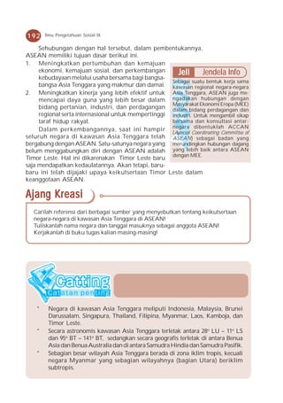 192     Ilmu Pengetahuan Sosial IX

     Sehubungan dengan hal tersebut, dalam pembentukannya,
ASEAN memiliki tujuan dasar berikut ini.
1. Meningkatkan pertumbuhan dan kemajuan
     ekonomi, kemajuan sosial, dan perkembangan        Jeli       Jendela Info
     kebudayaan melalui usaha bersama bagi bangsa-
                                                     Sebagai suatu bentuk kerja sama
     bangsa Asia Tenggara yang makmur dan damai. kawasan regional negara-negara
2. Meningkatkan kinerja yang lebih efektif untuk Asia Tenggara, ASEAN juga me-
     mencapai daya guna yang lebih besar dalam ngadakan hubungan dengan
                                                     Masyarakat Ekonomi Eropa (MEE)
     bidang pertanian, industri, dan perdagangan dalam bidang perdagangan dan
     regional serta internasional untuk mempertinggi industri. Untuk mengambil sikap
     taraf hidup rakyat.                             bersama dan konsultasi antar-
     Dalam perkembangannya, saat ini hampir negara dibentuklah ACCAN
                                                     (Apecial Coordinating Committee of
seluruh negara di kawasan Asia Tenggara telah ASEAN) sebagai badan yang
bergabung dengan ASEAN. Satu-satunya negara yang merundingkan hubungan dagang
belum menggabungkan diri dengan ASEAN adalah yang lebih baik antara ASEAN
Timor Leste. Hal ini dikarenakan Timor Leste baru dengan MEE.
saja mendapatkan kedaulatannya. Akan tetapi, baru-
baru ini telah dijajaki upaya keikutsertaan Timor Leste dalam
keanggotaan ASEAN.

Ajang Kreasi
   Carilah referensi dari berbagai sumber yang menyebutkan tentang keikutsertaan
   negara-negara di kawasan Asia Tenggara di ASEAN!
   Tuliskanlah nama negara dan tanggal masuknya sebagai anggota ASEAN!
   Kerjakanlah di buku tugas kalian masing-masing!




    *    Negara di kawasan Asia Tenggara meliputi Indonesia, Malaysia, Brunei
         Darussalam, Singapura, Thailand, Filipina, Myanmar, Laos, Kamboja, dan
         Timor Leste.
    *    Secara astronomis kawasan Asia Tenggara terletak antara 28o LU – 11o LS
         dan 95o BT – 141o BT, sedangkan secara geografis terletak di antara Benua
         Asia dan Benua Australia dan di antara Samudra Hindia dan Samudra Pasifik.
    *    Sebagian besar wilayah Asia Tenggara berada di zona iklim tropis, kecuali
         negara Myanmar yang sebagian wilayahnya (bagian Utara) beriklim
         subtropis.
 