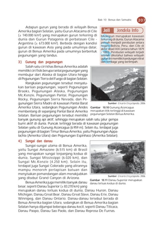Bab 10 Benua dan Samudra        207
     Adapun gurun yang berada di wilayah Benua
Amerika bagian Selatan, yaitu Gurun Atacama di Cile              Jeli       Jendela Info
(± 140.000 km²) yang merupakan gurun terkering di              Meskipun merupakan kawasan
dunia dan Gurun Patagonia di perbatasan Cile -                 terkering di dunia, Gurun Atacama
Argentina (± 673.000 km²). Berbeda dengan kondisi              pernah menjadi perebutan antara
                                                               negara Bolivia, Peru, dan Cile di
gurun di kawasan Asia yang pada umumnya datar,                 akhir abad XIX (antara tahun 1879
gurun di Benua Amerika pada umumnya berbentuk                  - 1883). Perebutan wilayah terjadi
pegunungan yang tandus.                                        setelah diketahui bahwa wilayah
                                                               gurun ini memiliki kandungan nitrat
3)   Gunung dan pegunungan                                     dan tembaga yang berlimpah.
     Salah satu ciri khas Benua Amerika adalah
memiliki ciri fisik berupa rantai pegunungan yang
membujur dari Alaska di bagian Utara hingga
di Pegunungan Tierra del Fuego di bagian Selatan.
     Rangkaian pegunungan tersebut menyatu-
kan barisan pegunungan, seperti Pegunungan
Brooks, Pegunungan Alaska, Pegunungan
Mc.Kenzie, Pegunungan Pantai, Pegunungan
Rocky, Pegunungan Sierra Nevada, dan Pe-
gunungan Sierra Madre di kawasan Pantai Barat                  Sumber: Encarta Encyclopedia, 2006
Amerika Utara, sedangkan Pegunungan Andes Gambar 10.10 Gunung Aconcagua
membentang di sepanjang Pantai Barat Amerika merupakan titik tertinggi di kawasan
Selatan. Barisan pegunungan tersebut memiliki pegunungan Selatan Benua Amerika.
banyak gunung api aktif, sehingga merupakan salah satu jalur gempa
bumi aktif di dunia. Puncak tertinggi berada di kawasan pegunungan
Selatan yaitu di Gunung Aconcagua (6.959 m). Selain itu, terdapat juga
pegunungan di bagian Timur Benua Amerika, yaitu Pegunungan Appa-
lachia (Amerika Utara) dan Pegunungan Espinhaco (Amerika Selatan).
4)   Sungai dan danau
     Sungai-sungai utama di Benua Amerika,
yaitu Sungai Amazone (6.515 km) di Brasil
yang merupakan sungai terpanjang kedua di
dunia, Sungai Mississippi (6.020 km), dan
Sungai Mc.Kenzie (4.250 km). Selain itu,
terdapat juga Sungai Colorado yang alirannya
mampu menoreh perlapisan batuan dan
menyisakan pemandangan alam menakjubkan
                                                             Sumber: Encarta Encyclopedia, 2006
yang disebut Grand Canyon di Arizona.
                                                 Gambar 10.11 Danau Superior merupakan
     Benua Amerika juga memiliki banyak danau danau terluas kedua di dunia.
besar, seperti Danau Superior (± 83.270 km) yang
merupakan danau terluas kedua di dunia, Danau Huron, Danau
Michigan, Danau Great Bear, Danau Great Slave, Danau Erie, Danau
Winnipeg, dan Danau Ontario. Danau-danau tersebut berada di
Benua Amerika bagian Utara, sedangkan di Benua Amerika bagian
Selatan hanya dijumpai beberapa danau kecil, seperti Danau Titicaca,
Danau Paopo, Danau Sao Paolo, dan Danau Reprosa De Furnas.
 