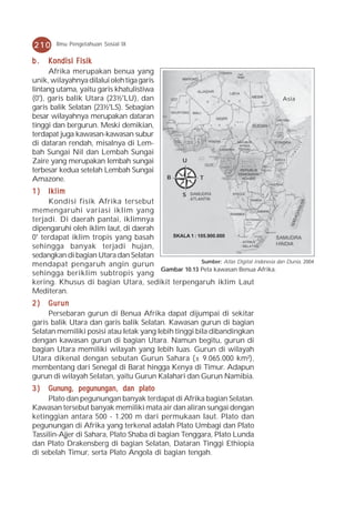 210     Ilmu Pengetahuan Sosial IX


b.   Kondisi Fisik
      Afrika merupakan benua yang
unik, wilayahnya dilalui oleh tiga garis
lintang utama, yaitu garis khatulistiwa
(0°), garis balik Utara (23½°LU), dan                                                   Asia
garis balik Selatan (23½°LS). Sebagian
besar wilayahnya merupakan dataran
tinggi dan bergurun. Meski demikian,
terdapat juga kawasan-kawasan subur
di dataran rendah, misalnya di Lem-
bah Sungai Nil dan Lembah Sungai
Zaire yang merupakan lembah sungai                   U
terbesar kedua setelah Lembah Sungai
Amazone.                                       B           T

1)   Iklim                                   S
     Kondisi fisik Afrika tersebut
memengaruhi variasi iklim yang
terjadi. Di daerah pantai, iklimnya
dipengaruhi oleh iklim laut, di daerah
0° terdapat iklim tropis yang basah       SKALA 1 : 105.900.000

sehingga banyak terjadi hujan,
sedangkan di bagian Utara dan Selatan
                                                     Sumber: Atlas Digital Indonesia dan Dunia, 2004
mendapat pengaruh angin gurun
                                       Gambar 10.13 Peta kawasan Benua Afrika.
sehingga beriklim subtropis yang
kering. Khusus di bagian Utara, sedikit terpengaruh iklim Laut
Mediteran.
2)   Gurun
     Persebaran gurun di Benua Afrika dapat dijumpai di sekitar
garis balik Utara dan garis balik Selatan. Kawasan gurun di bagian
Selatan memiliki posisi atau letak yang lebih tinggi bila dibandingkan
dengan kawasan gurun di bagian Utara. Namun begitu, gurun di
bagian Utara memiliki wilayah yang lebih luas. Gurun di wilayah
Utara dikenal dengan sebutan Gurun Sahara (± 9.065.000 km²),
membentang dari Senegal di Barat hingga Kenya di Timur. Adapun
gurun di wilayah Selatan, yaitu Gurun Kalahari dan Gurun Namibia.
3)   Gunung, pegunungan, dan plato
     Plato dan pegunungan banyak terdapat di Afrika bagian Selatan.
Kawasan tersebut banyak memiliki mata air dan aliran sungai dengan
ketinggian antara 500 - 1.200 m dari permukaan laut. Plato dan
pegunungan di Afrika yang terkenal adalah Plato Umbagi dan Plato
Tassilin-Ajjer di Sahara, Plato Shaba di bagian Tenggara, Plato Lunda
dan Plato Drakensberg di bagian Selatan, Dataran Tinggi Ethiopia
di sebelah Timur, serta Plato Angola di bagian tengah.
 