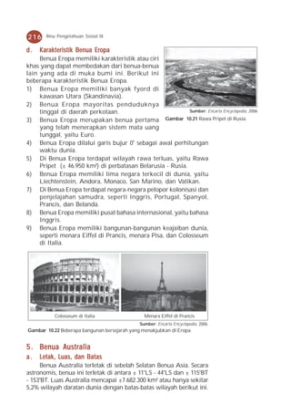 216     Ilmu Pengetahuan Sosial IX


d.   Karakteristik Benua Eropa
     Benua Eropa memiliki karakteristik atau ciri
khas yang dapat membedakan dari benua-benua
lain yang ada di muka bumi ini. Berikut ini
beberapa karakteristik Benua Eropa.
1) Benua Eropa memiliki banyak fyord di
     kawasan Utara (Skandinavia).
2) Benua Eropa mayoritas penduduknya
     tinggal di daerah perkotaan.                           Sumber: Encarta Encyclopedia, 2006

3) Benua Eropa merupakan benua pertama              Gambar 10.21 Rawa Pripet di Rusia.
     yang telah menerapkan sistem mata uang
     tunggal, yaitu Euro.
4) Benua Eropa dilalui garis bujur 0° sebagai awal perhitungan
     waktu dunia.
5) Di Benua Eropa terdapat wilayah rawa terluas, yaitu Rawa
     Pripet (± 46.950 km²) di perbatasan Belarusia - Rusia.
6) Benua Eropa memiliki lima negara terkecil di dunia, yaitu
     Liechtenstein, Andora, Monaco, San Marino, dan Vatikan.
7) Di Benua Eropa terdapat negara-negara pelopor kolonisasi dan
     penjelajahan samudra, seperti Inggris, Portugal, Spanyol,
     Prancis, dan Belanda.
8) Benua Eropa memiliki pusat bahasa internasional, yaitu bahasa
     Inggris.
9) Benua Eropa memiliki bangunan-bangunan keajaiban dunia,
     seperti menara Eiffel di Prancis, menara Pisa, dan Colosseum
     di Italia.




           Colosseum di Italia                  Menara Eiffel di Prancis
                                              Sumber: Encarta Encyclopedia, 2006
Gambar 10.22 Beberapa bangunan bersejarah yang menakjubkan di Eropa.


5 . Benua Australia
a.   Letak, Luas, dan Batas
     Benua Australia terletak di sebelah Selatan Benua Asia. Secara
astronomis, benua ini terletak di antara ± 11°LS - 44°LS dan ± 115°BT
- 153°BT. Luas Australia mencapai ±7.682.300 km² atau hanya sekitar
5,2% wilayah daratan dunia dengan batas-batas wilayah berikut ini.
 