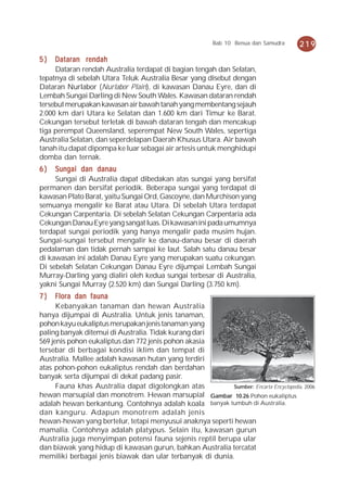 Bab 10 Benua dan Samudra     219
5)   Dataran rendah
     Dataran rendah Australia terdapat di bagian tengah dan Selatan,
tepatnya di sebelah Utara Teluk Australia Besar yang disebut dengan
Dataran Nurlabor (Nurlabor Plain), di kawasan Danau Eyre, dan di
Lembah Sungai Darling di New South Wales. Kawasan dataran rendah
tersebut merupakan kawasan air bawah tanah yang membentang sejauh
2.000 km dari Utara ke Selatan dan 1.600 km dari Timur ke Barat.
Cekungan tersebut terletak di bawah dataran tengah dan mencakup
tiga perempat Queensland, seperempat New South Wales, sepertiga
Australia Selatan, dan seperdelapan Daerah Khusus Utara. Air bawah
tanah itu dapat dipompa ke luar sebagai air artesis untuk menghidupi
domba dan ternak.
6)   Sungai dan danau
     Sungai di Australia dapat dibedakan atas sungai yang bersifat
permanen dan bersifat periodik. Beberapa sungai yang terdapat di
kawasan Plato Barat, yaitu Sungai Ord, Gascoyne, dan Murchison yang
semuanya mengalir ke Barat atau Utara. Di sebelah Utara terdapat
Cekungan Carpentaria. Di sebelah Selatan Cekungan Carpentaria ada
Cekungan Danau Eyre yang sangat luas. Di kawasan ini pada umumnya
terdapat sungai periodik yang hanya mengalir pada musim hujan.
Sungai-sungai tersebut mengalir ke danau-danau besar di daerah
pedalaman dan tidak pernah sampai ke laut. Salah satu danau besar
di kawasan ini adalah Danau Eyre yang merupakan suatu cekungan.
Di sebelah Selatan Cekungan Danau Eyre dijumpai Lembah Sungai
Murray-Darling yang dialiri oleh kedua sungai terbesar di Australia,
yakni Sungai Murray (2.520 km) dan Sungai Darling (3.750 km).
7)    Flora dan fauna
      Kebanyakan tanaman dan hewan Australia
hanya dijumpai di Australia. Untuk jenis tanaman,
pohon kayu eukaliptus merupakan jenis tanaman yang
paling banyak ditemui di Australia. Tidak kurang dari
569 jenis pohon eukaliptus dan 772 jenis pohon akasia
tersebar di berbagai kondisi iklim dan tempat di
Australia. Mallee adalah kawasan hutan yang terdiri
atas pohon-pohon eukaliptus rendah dan berdahan
banyak serta dijumpai di dekat padang pasir.
      Fauna khas Australia dapat digolongkan atas          Sumber: Encarta Encyclopedia, 2006
hewan marsupial dan monotrem. Hewan marsupial Gambar 10.26 Pohon eukaliptus
adalah hewan berkantung. Contohnya adalah koala banyak tumbuh di Australia.
dan kanguru. Adapun monotrem adalah jenis
hewan-hewan yang bertelur, tetapi menyusui anaknya seperti hewan
mamalia. Contohnya adalah platypus. Selain itu, kawasan gurun
Australia juga menyimpan potensi fauna sejenis reptil berupa ular
dan biawak yang hidup di kawasan gurun, bahkan Australia tercatat
memiliki berbagai jenis biawak dan ular terbanyak di dunia.
 