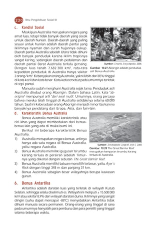 220     Ilmu Pengetahuan Sosial IX


c.   Kondisi Sosial
      Meskipun Australia merupakan negara yang
amat luas, tetapi tidak banyak daerah yang cocok
untuk daerah hunian. Daerah-daerah yang paling
sesuai untuk hunian adalah daerah pantai yang
iklimnya nyaman dan curah hujannya cukup.
Daerah pantai Australia sebelah Utara tidak dihuni
oleh banyak penduduk karena iklim tropisnya
sangat kering, sedangkan daerah pedalaman dan
daerah pantai Barat Australia terlalu gersang.                Sumber: Encarta Encyclopedia, 2006
Dengan luas tanah 7.682.300 km², rata-rata Gambar 10.27 Aborigin adalah penduduk
kepadatan penduduk di Australia hanya sekitar asli Benua Australia.
2 orang/km². Kebanyakan orang Australia, yakni lebih dari 85% tinggal
di kota kecil dan kota besar. Kota-kota tersebut pada umumnya terletak
di tepi pantai.
      Manusia sudah menghuni Australia sejak lama. Penduduk asli
Australia disebut orang Aborigin. Dalam bahasa Latin, kata 'ab-
origine' mempunyai arti 'dari awal mula'. Umumnya, orang percaya
bahwa mereka telah tinggal di Australia setidaknya selama 60.000
tahun. Saat ini keberadaan orang Aborigin menjadi minoritas karena
banyaknya pendatang dari Eropa, Asia, dan lain-lain.
d.   Karakteristik Benua Australia
      Benua Australia memiliki karakteristik atau
ciri khas yang dapat membedakan dari benua-
benua lain yang ada di muka bumi ini.
      Berikut ini beberapa karakteristik Benua
Australia.
1) Australia merupakan negara benua, artinya
      hanya ada satu negara di Benua Australia,
                                                       Sumber: Ensiklopedia Geografi Jilid 5, 2006
      yaitu negara Australia.                     Gambar 10.28 The Great Barrier Reef
2) Benua Australia memiliki gugusan terumbu merupakan hamparan terumbu karang
      karang terluas di perairan sebelah Timur- terluas di Australia.
      nya yang dikenal dengan sebutan The Great Barrier Reef.
3) Benua Australia memiliki batuan monolith terbesar, yaitu Ayer’s
      Rock dengan tinggi 348 m dan panjang 31 km.
4) Benua Australia sebagian besar wilayahnya berupa kawasan
      gurun.

6 . Benua Ant ar tik a
          Antar tika
     Antartika adalah daratan luas yang terletak di wilayah Kutub
Selatan, sehingga selalu diselimuti es. Wilayah ini meliputi ± 15.500.000
km² atau sekitar 8,9% dari wilayah daratan dunia. Iklimnya yang sangat
dingin (suhu dapat mencapai -88°C) menyebabkan Antartika tidak
dihuni manusia secara permanen. Orang-orang yang tinggal di sana
pada umumnya hanyalah para pemburu dan para peneliti yang tinggal
selama beberapa waktu.
 