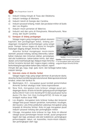 14     Ilmu Pengetahuan Sosial IX

b)   Industri kilang minyak di Texas dan Oklahoma.
c)   Industri tembaga di Montana.
d)   Industri tekstil di Georgia dan Carolina.
e)   Industri pesawat terbang, mobil, dan peralatan militer di Seatle
     dan Los Angeles.
f) Industri mesin pertanian di Waterivo.
g) Industri wol dan sutra di Pensylvania, Massachussets, New
     Jersey, dan South Carolina.
5 ) Kemajuan di bidang perdagangan
     Sebagai negara yang menganut paham ekonomi
kapitalis dan perdagangan bebas, bidang per-
dagangan mengalami perkembangan yang sangat
pesat. Hampir semua negara di dunia ini menjalin
hubungan dagang dengan Amerika Serikat.
     Amerika Serikat mengekspor mesin-mesin,
otomotif, pesawat terbang, barang elektronika, bahan-
bahan makanan dan minuman olahan, persenjataan,               Sumber: Encarta Encyclopedia, 2006
alat-alat kedokteran, bahan-bahan kimia, dan obat-
                                                        Gambar 1.13 Pesawat tempur jenis
obatan, serta masih banyak lagi. Adapun impor Amerika F-16 merupakan salah satu produk
Serikat terutama berasal dari negara-negara sedang unggulan ekspor Amerika Serikat.
berkembang berupa bahan-bahan baku industri, seperti
minyak dan gas, kayu, kopi, gula, karet, dan berbagai bahan baku
industri lainnya.
6 ) Kota-kota utama di Amerika Serikat
     Sebagai negara maju yang sangat dominan di percaturan dunia,
Amerika Serikat memiliki banyak kota terkenal. Beberapa kota terkenal
tersebut, antara lain berikut ini.
a) Washington, D.C., merupakan pusat kendali pemerintahan
     Amerika Serikat sekaligus letak istana kepresidenan.
b) New York, merupakan kota terbesar sebagai pusat per-
     dagangan dunia, di kota ini berdiri gedung pusat perdagangan
     dunia (World Trade Center Building/WTC) dan pusat pasar bursa
     dunia (The New York Stock Exchange/NYSE). Di kota ini juga
     terdapat markas besar PBB.
c) Los Angeles, merupakan kota terbesar kedua dan berperan
     sebagai kota pusat industri perakitan, komunikasi, keuangan,
     dan busana. Lalu lintas pelabuhan udaranya merupakan yang
     terpadat di Amerika Serikat. Kota ini juga merupakan pusat
     industri pesawat terbang dan perlengkapan militer.
d) Chicago, merupakan kota terbesar ke tiga. Kota ini dikenal
     sebagai pusat pemotongan hewan ternak, pusat pengecoran
     logam dan baja, produsen alat-alat kedokteran, perlengkapan
     perkeretaapian, sabun, cat, kosmetika, mesin-mesin industri,
     dan perlengkapan olah raga.
 
