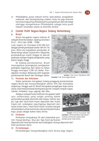 Bab 1 Negara Berkembang dan Negara Maju       15
e)   Philadelphia, pusat industri kimia, obat-obatan, pengolahan
     makanan, dan barang-barang cetakan. Kota ini juga terkenal
     karena kemajuannya di bidang ilmu pengetahuan dan teknologi
     sehingga mengantarkan Philadelphia sebagai kota pusat
     industri kesehatan utama di Amerika Serikat.

2 . Contoh Profil Negara-Negara Sedang Berkembang
a.   Brasil
     Brasil merupakan negara terbesar di
wilayah Amerika Selatan, tepatnya di antara
5°LU - 34°LS dan 35°BB - 74°BB.
Luas negara ini mencapai 8.547.404 km²
dengan jumlah penduduk sekitar 184.101.110
jiwa. Rata-rata kepadatan penduduk di
Brasil hanya sekitar 22 jiwa/km². Mayoritas
penduduknya masih tinggal di daerah




                                                                                               SAMUDRA ATLANTIK
pedesaan dengan tingkat penghasilan yang
belum begitu tinggi.
     Di bidang perekonomian, Brasil                                                     U

menunjukkan peningkatan pendapatan                                                B           T
perkapita negaranya dari tahun ke tahun
                                                                                        S
hingga mencapai 2.590 US dollar. Pen-
                                                                            Skala 1 : 72.400.000
dapatan tersebut didukung oleh kegiatan
perekonomian Brasil dari berbagai sektor.                    Sumber: Atlas Dunia, Depdikbud 2003
                                               Gambar 1.14 Peta negara Brasil.
                      Kehut
                       ehutanan
1 ) P er t anian dan K ehut anan
     Sektor pertanian merupakan tulang punggung perekonomian
negara Brasil dan menyumbangkan sekitar 45% dari komoditas
ekspornya. Hingga saat ini, Brasil merupakan pengekspor kopi utama
dunia, hasil-hasil pertanian lainnya berupa teh, rempah-rempah, kapas,
cokelat, tembakau, kayu, jagung, dan tebu.
     Adapun wilayah hutan di Brasil merupakan salah
satu sumberdaya yang sangat penting dalam
pemenuhan produk domestik dan ekspor. Sekitar dua
per tiga dari hasil-hasil hutan diperoleh dari hutan
tropis asli, sedangkan sepertiganya dipenuhi dari
hutan-hutan baru. Hasil-hasil hutan tersebut banyak
dimanfaatkan untuk konstruksi dan pembuatan bubur
kayu (pulp) sebagai bahan baku kertas.
                                                                 Sumber: Encarta Encyclopedia, 2006
2 ) Perikanan                                              Gambar 1.15 Komoditas kopi Brasil
     Perikanan menyokong 3% dari kebutuhan pro- mampu memenuhi seperempat
                                                           pangsa pasar kopi dunia.
tein masyarakatnya. Dua per tiga hasil perikanan
dipenuhi dari hasil perikanan laut sedangkan sisanya dipenuhi dari
hasil perikanan darat.
3 ) P er t ambangan
     Pertambangan menyumbangkan 8,6% devisa bagi negara.
 