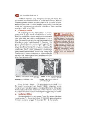 240     Ilmu Pengetahuan Sosial Kelas IX

     Tindakan Indonesia yang mengambil alih seluruh modal dan
perusahaan Belanda menimbulkan kemarahan Belanda, bahkan
negara-negara Barat sangat terkejut atas tindakan Indonesia tersebut.
Akibatnya hubungan Indonesia-Belanda semakin tegang, bahkan PBB
tidak lagi mencantumkan masalah Irian Barat dalam agenda
sidangnya sejak tahun 1958.
b . Konfrontasi Politik
     Di samping melalui konfrontasi ekonomi,
pemerintah RI juga melakukan konfrontasi politik.                             Jeli           Jendela Info
Pada tahun 1956 secara sepihak Indonesia membatalkan                       Jayapura adalah ibukota Provinsi
hasil KMB yang dikukuhkan dalam UU No 13 tahun                             Irian Jaya. Jayapura pernah meng-
                                                                           alami beberapa kali pergantian
1956. Kemudian untuk mengesahkan kekuasaannya atas                         nama yaitu, Hollandia, Kota Baru,
Irian Barat, maka pada tanggal 17 Agustus 1956                             dan Sukarnopura. Di kota Jayapura
pemerintah Indonesia membentuk Provinsi Irian                              berdiri dua tugu yaitu Tugu Yos
Barat dengan ibukotanya Soa Siu. Wilayahnya                                Sudarso (Pahlawanan yang gugur
                                                                           dalam upaya pembebasan Irian
meliputi wilayah yang diduduki Belanda serta daerah                        Barat) dan Douglas Mac. Arthur
Tidore, Oba, Weda, Patani, dan Wasile. Gubernurnya                         ( Jenderal Amerika Serikat yang
yang pertama adalah Zainal Abidin Syah. Selanjutnya                        merebut Irian dari kekuasaan
                                                                           Jepang).
dibentuk Partai Persatuan Cenderawasih dengan
tujuan untuk dapat segera menggabungkan wilayah
Irian Barat ke dalam RI.




Sumber: 30 Tahun Indonesia Merdeka Edisi 1950-     Sumber: 30 Tahun Indonesia MerdekaEdisi
                                   1964, 1981                        1950-1964, 1981 1981
Gambar 11.3 Pembatalan KMB                       Gambar 11.4 Pelantikan gubernur
                                                 Zainal Abidin Syah

    Pada tanggal 4 Januari 1958 pemerintah membentuk Front
Nasional Pembebasan Irian Barat (FNPIB). Tujuannya untuk
mengerahkan massa dalam upaya pembebasan Irian Barat. Ketegangan
Indonesia-Belanda makin memuncak ketika Indonesia memutuskan
hubungan diplomatik dengan Belanda pada tanggal 17 Agustus 1960.
c.   Konfrontasi Militer
     Untuk meningkatkan perjuangan, Dewan Pertahanan Nasional
merumuskan Tri Komando Rakyat (TRIKORA) yang dibacakan
Presiden Soekarno tanggal 19 Desember 1961 di Yogyakarta.
 