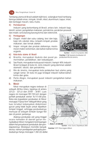 16     Ilmu Pengetahuan Sosial IX

Tambang utama di Brasil adalah bijih besi, sedangkan hasil tambang
lainnya adalah emas, minyak, timah, nikel, aluminium, kapur, intan,
dan berbagai macam, batu mulia.
4 ) Perindustrian
     Industri yang berkembang di Brasil, antara lain, industri baja,
tekstil, semen, pengolahan makanan, petrokimia, perakitan pesawat
dan mobil, serta barang-barang kimia dan elektronik.
5 ) Perdagangan
a) Ekspor: mobil dan suku cadang, besi dan baja,
     kopi, teh, cokelat, tebu, rempah-rempah, produk
     makanan, dan ternak olahan.
b) Impor: minyak dan produk olahannya, mesin-
     mesin mobil, kelistrikan, dan bahan-bahan kimia
     organik.
                                                             Sumber: Encarta Encyclopedia, 2006
6 ) Kota-kota utama di Brasil                           Gambar 1.16 Suasana kesibukan di
a) Brasilia, merupakan ibukota dan pusat pe- pelabuhan Rio de Jeneiro.
     merintahan, pendidikan, dan kebudayaan.
b) Sao Paulo, merupakan kota pusat industri, hampir 40% industri
     Brasil terdapat di kota ini. Jenis industri yang dominan adalah
     otomotif, tekstil, dan petrokimia.
c) Rio de Jeneiro, merupakan kota pelabuhan laut utama yang
     sangat ramai. Di kota ini juga terdapat industri bahan-bahan
     kimia dan gelas.
d) Porto Alegre, merupakan pusat industri pengolahan bahan
     makanan.
b . Mesir
     Mesir merupakan negara terbesar di
wilayah Afrika Utara, tepatnya di antara
22°LU - 32°LU dan 25°BT - 36°BT. Luas
negara ini mencapai 997.739 km² dengan
jumlah penduduk sekitar 76.117.430 jiwa.
Rata-rata kepadatan penduduk di Mesir
mencapai 77 jiwa/km². Wilayah Mesir yang
luas tersebut kebanyakan didominasi
gurun yang tidak layak untuk dijadikan
tempat tinggal, sehingga penduduknya
memusat di wilayah lembah Sungai Nil
dan di pesisir pantainya.                      U

     Adanya penduduk asli yang tinggal    B           T
secara nomaden di daerah gurun me-
                                                S
nyebabkan Mesir mengalami ketimpangan
dalam hal penyebaran penduduk dan pen-     Skala 1 : 27.200.000
                                                             Sumber: Atlas Dunia, Depdikbud 2003
dapatannya. Meskipun memiliki banyak
                                         Gambar 1.17 Peta negara Mesir.
devisa, namun pendapatan perkapita pen-
duduknya hanya mencapai 1.350 US dollar.
 