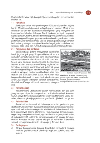 Bab 1 Negara Berkembang dan Negara Maju       17
Pendapatan tersebut didukung oleh beberapa kegiatan perekonomian
berikut ini.
1 ) P er t anian
      Sektor pertanian menyumbangkan 17% perekonomian negara
Mesir. Meskipun didominasi wilayah gurun, namun Mesir men-
dapatkan berkah dari adanya aliran Sungai Nil yang menyuburkan
kawasan lembah dan deltanya. Mesir terkenal sebagai penghasil
kapas, gandum, kurma, zaitun, dan serat papyrus (bahan baku kertas).
Seiring dengan dibangunnya proyek raksasa bendungan Aswan, maka
pertanian Mesir semakin maju. Saat ini produk pertaniannya semakin
berkembang dengan menghasilkan berbagai jenis buah-buahan,
sayuran, padi, tebu, dan rumput-rumputan untuk makanan ternak.
2 ) Peternakan dan perikanan
      Selain sebagai petani, masyarakat tradisional
Mesir juga banyak yang hidup dari beternak secara
nomaden. Jenis hewan ternak yang dikembangkan
secara tradisional adalah domba, biri-biri, dan unta.
Salah satu dampak pembangunan bendungan
Aswan adalah mampu mendukung kegiatan pe-
ternakan, sehingga saat ini banyak peternak yang
mulai mengembangkan ternaknya dengan cara-cara
modern. Adapun perikanan dibedakan atas per-                    Sumber: Encarta Encyclopedia, 2006
ikanan laut dan perikanan darat. Perikanan laut Gambar 1.18 Berkat pertanian yang
banyak diusahakan di perairan Laut Merah dan per- padat, irigasi dan teknik penanaman
airan Laut Tengah, sedangkan perairan darat banyak modern, pertanian di Mesir
diusahakan di Sungai Nil dan di kawasan bendungan- menghasilkan kualitas terbaik di dunia.
nya.
3 ) P er t ambangan
      Hasil tambang utama Mesir adalah minyak bumi dan gas alam
yang terdapat di pantai dan perairan Laut Merah serta di kawasan
Gurun Libya dan Semenanjung Sinai. Selain hasil tambang utama ter-
sebut, dikembangkan juga pertambangan fosfat, bijih besi, dan garam.
4 ) Perindustrian
      Perindustrian termasuk di dalamnya perakitan, pertambangan,
dan konstruksi, memberi masukan lebih dari 35% pendapatan nasional-
nya. Hasil industri utama negara ini adalah tekstil, bahan-bahan kimia,
besi, dan minyak beserta olahannya. Hubungannya dengan negara-
negara maju menyebabkan Mesir juga mulai membangun perindustrian
di bidang otomotif, elektronik, barang-barang rumah tangga, dan obat-
obatan. Kawasan industri utama terdapat di Kairo dan Alexandria
serta di berbagai zona industri di sepanjang Terusan Suez.
5 ) Perdagangan
a) Ekspor berupa kapas, benang, tekstil dan permadani, minyak
      mentah, gas dan produk olahannya kopi, teh, cokelat, tebu, dan
      kurma.
 