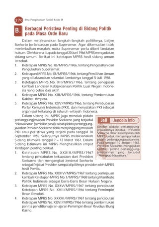 270   Ilmu Pengetahuan Sosial Kelas IX



B.    Berbagai Peristiwa Penting di Bidang Politik
      pada Masa Orde Baru
     Dalam melaksanakan langkah-langkah politiknya, Letjen
Soeharto berlandaskan pada Supersemar. Agar dikemudian tidak
menimbulkan masalah, maka Supersemar perlu diberi landasan
hukum. Oleh karena itu pada tanggal 20 Juni 1966 MPRS mengadakan
sidang umum. Berikut ini ketetapan MPRS hasil sidang umum
tersebut.
1. Ketetapan MPRS No. IX/MPRS/1966, tentang Pengesahan dan
     Pengukuhan Supersemar.
2. Ketetapan MPRS No. XI/MPRS/1966, tentang Pemilihan Umum
     yang dilaksanakan selambat-lambatnya tanggal 5 Juli 1968.
3. Ketetapan MPRS No. XII/MPRS/1966, tentang penegasan
     kembali Landasan Kebijaksanaan Politik Luar Negeri Indone-
     sia yang bebas dan aktif.
4. Ketetapan MPRS No. XIII/MPRS/1966, tentang Pembentukan
     Kabinet Ampera.
5. Ketetapan MPRS No. XXV/MPRS/1966, tentang Pembubaran
     Partai Komunis Indonesia (PKI), dan menyatakan PKI sebagai
     organisasi terlarang di seluruh wilayah Indonesia.
     Dalam sidang ini, MPRS juga menolak pidato
pertanggungjawaban Presiden Soekarno yang berjudul         Jeli Jendela Info
“Nawaksara” (sembilan pasal), sebab pidato pertanggung-
jawaban Presiden Soekarno tidak menyinggung masalah Setelah pidato pertanggung-
                                                        jawabannya ditolak, Presiden
PKI atau peristiwa yang terjadi pada tanggal 30 Soekarno diberi kesempatan oleh
September 1965. Selanjutnya MPRS melaksanakan MPRS untuk menyempurnakan
Sidang Istimewa tanggal 7 – 12 Maret 1967. Dalam pidato pertanggungjawabannya.
Sidang Istimewa ini MPRS menghasilkan empat Pada tanggal 10 Januari 1967,
                                                        Presiden Soekarno mengajukan
Ketetapan penting berikut.                              kembali pidato pertanggung-
1. Ketetapan MPRS No. XXXIII/MPRS/1967 jawabannya yang berjudul
     tentang pencabutan kekuasaan dari Presiden “Pelengkap Nawaksara.”
     Soekarno dan mengangkat Jenderal Soeharto
     sebagai Pejabat Presiden sampai dipilihnya presiden oleh MPRS
     hasil Pemilu.
2. Ketetapan MPRS No. XXXIV/MPRS/1967 tentang peninjauan
     kembali Ketetapan MPRS No. I/MPRS/1960 tentang Manifesto
     Politik Indonesia sebagai Garis-Garis Besar Haluan Negara.
3. Ketetapan MPRS No. XXXV/MPRS/1967 tentang pencabutan
     Ketetapan MPRS No. XVII/MPRS/1966 tentang Pemimpin
     Besar Revolusi.
4. Ketetapan MPRS No. XXXVI/MPRS/1967 tentang pencabutan
     Ketetapan MPRS No. XXVI/MPRS/1966 tentang pembentukan
     panitia penelitian ajaran-ajaran Pemimpin Besar Revolusi Bung
     Karno.
 