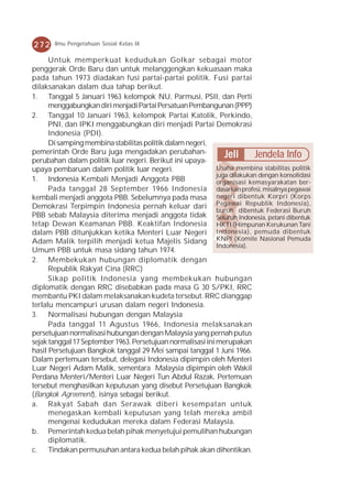 272    Ilmu Pengetahuan Sosial Kelas IX

      Untuk memperkuat kedudukan Golkar sebagai motor
penggerak Orde Baru dan untuk melanggengkan kekuasaan maka
pada tahun 1973 diadakan fusi partai-partai politik. Fusi partai
dilaksanakan dalam dua tahap berikut.
1. Tanggal 5 Januari 1963 kelompok NU, Parmusi, PSII, dan Perti
      menggabungkan diri menjadi Partai Persatuan Pembangunan (PPP)
2. Tanggal 10 Januari 1963, kelompok Partai Katolik, Perkindo,
      PNI, dan IPKI menggabungkan diri menjadi Partai Demokrasi
      Indonesia (PDI).
      Di samping membina stabilitas politik dalam negeri,
pemerintah Orde Baru juga mengadakan perubahan-                 Jeli      Jendela Info
perubahan dalam politik luar negeri. Berikut ini upaya-
upaya pembaruan dalam politik luar negeri.                   Usaha membina stabilitas politik
                                                             juga dilakukan dengan konsolidasi
1. Indonesia Kembali Menjadi Anggota PBB                     organisasi kemasyarakatan ber-
      Pada tanggal 28 September 1966 Indonesia dasarkan profesi, misalnya pegawai
kembali menjadi anggota PBB. Sebelumnya pada masa negeri dibentuk Korpri (Korps
Demokrasi Terpimpin Indonesia pernah keluar dari Pegawai Republik Indonesia),
                                                             buruh dibentuk Federasi Buruh
PBB sebab Malaysia diterima menjadi anggota tidak Seluruh Indonesia, petani dibentuk
tetap Dewan Keamanan PBB. Keaktifan Indonesia HKTI (Himpunan Kerukunan Tani
dalam PBB ditunjukkan ketika Menteri Luar Negeri Indonesia), pemuda dibentuk
Adam Malik terpilih menjadi ketua Majelis Sidang KNPI (Komite Nasional Pemuda
                                                             Indonesia).
Umum PBB untuk masa sidang tahun 1974.
2. Membekukan hubungan diplomatik dengan
      Republik Rakyat Cina (RRC)
      Sikap politik Indonesia yang membekukan hubungan
diplomatik dengan RRC disebabkan pada masa G 30 S/PKI, RRC
membantu PKI dalam melaksanakan kudeta tersebut. RRC dianggap
terlalu mencampuri urusan dalam negeri Indonesia.
3. Normalisasi hubungan dengan Malaysia
      Pada tanggal 11 Agustus 1966, Indonesia melaksanakan
persetujuan normalisasi hubungan dengan Malaysia yang pernah putus
sejak tanggal 17 September 1963. Persetujuan normalisasi ini merupakan
hasil Persetujuan Bangkok tanggal 29 Mei sampai tanggal 1 Juni 1966.
Dalam pertemuan tersebut, delegasi Indonesia dipimpin oleh Menteri
Luar Negeri Adam Malik, sementara Malaysia dipimpin oleh Wakil
Perdana Menteri/Menteri Luar Negeri Tun Abdul Razak. Pertemuan
tersebut menghasilkan keputusan yang disebut Persetujuan Bangkok
(Bangkok Agreement), isinya sebagai berikut.
a. Rakyat Sabah dan Serawak diberi kesempatan untuk
      menegaskan kembali keputusan yang telah mereka ambil
      mengenai kedudukan mereka dalam Federasi Malaysia.
b. Pemerintah kedua belah pihak menyetujui pemulihan hubungan
      diplomatik.
c. Tindakan permusuhan antara kedua belah pihak akan dihentikan.
 